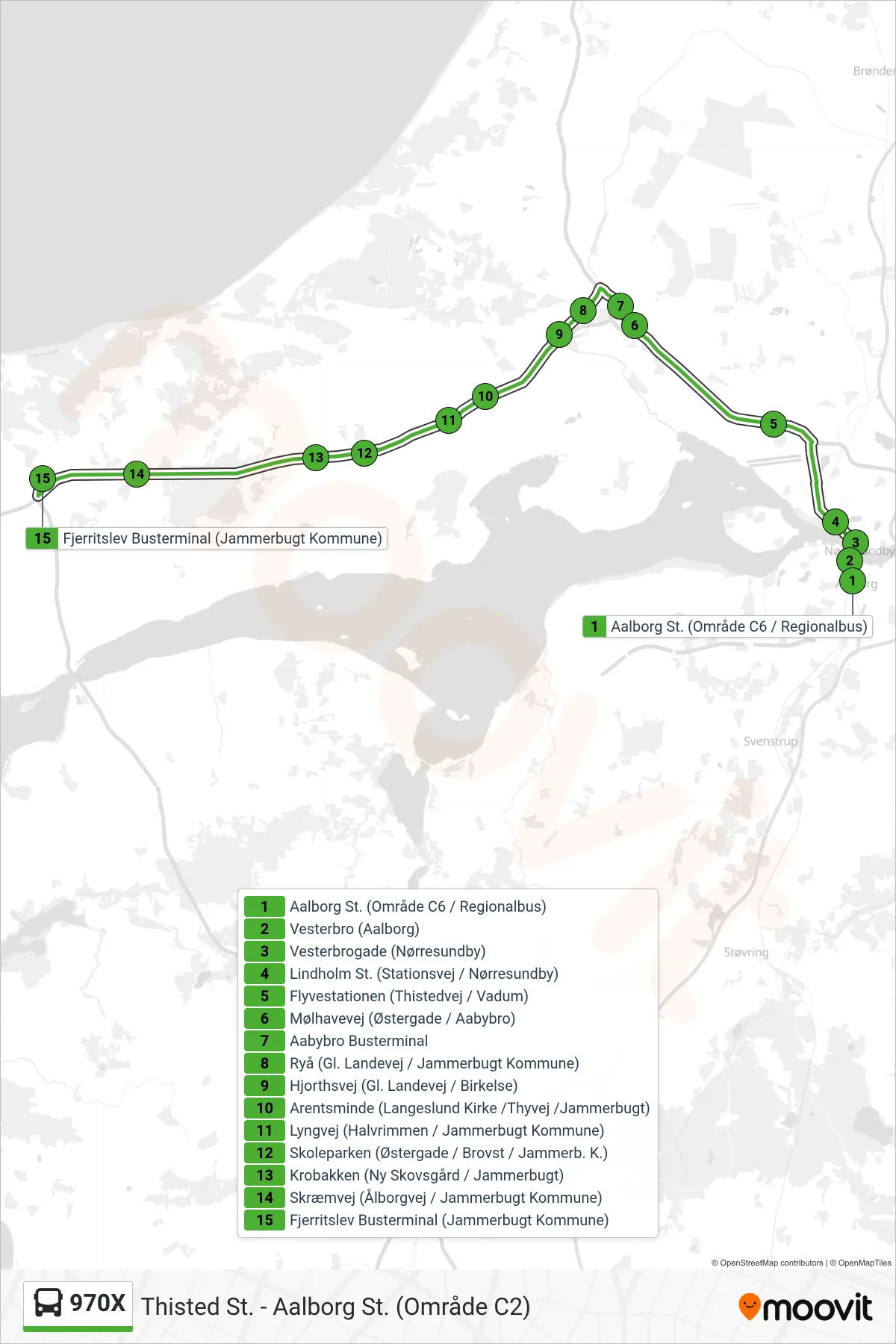 970X bus Linje (Fjerritslev) rute og stop på et kort