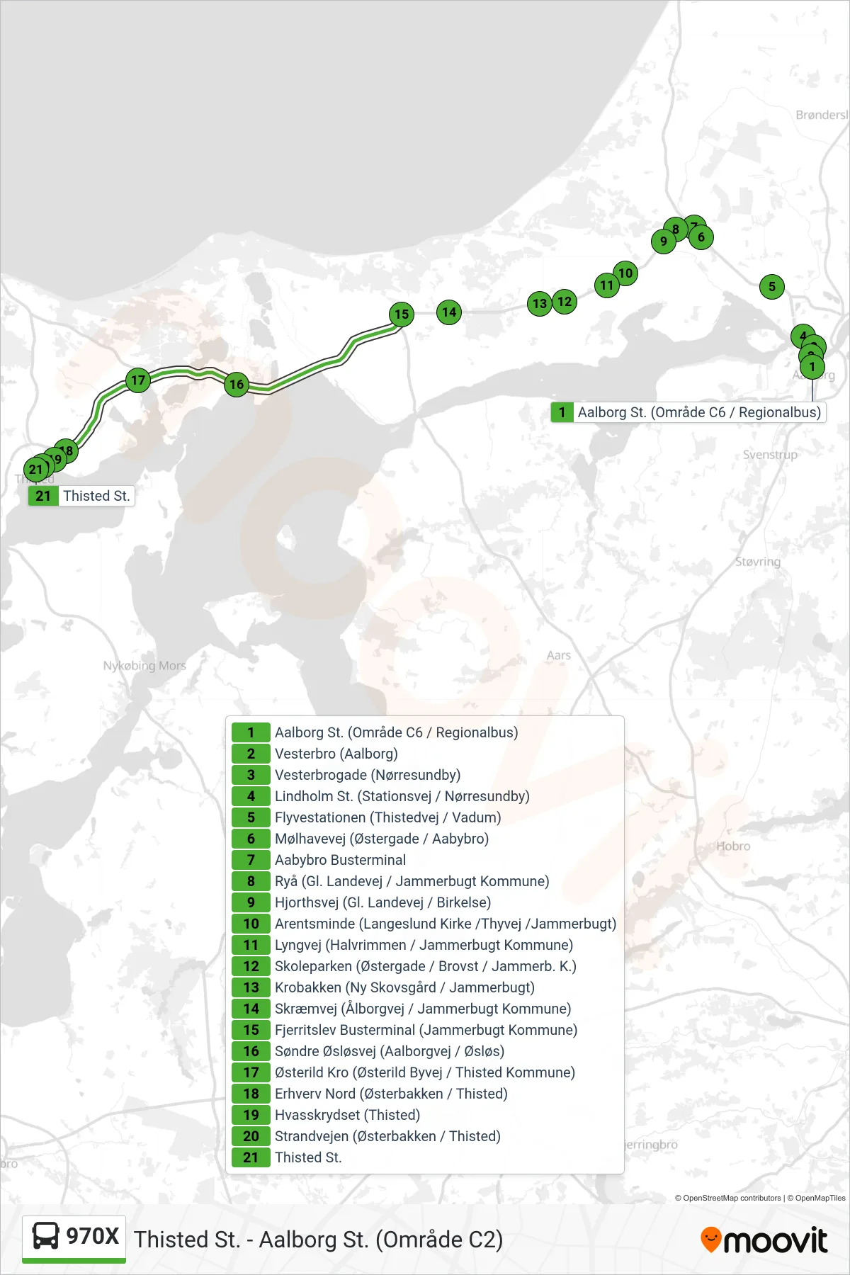 970X bus Linje (Thisted St.) rute og stop på et kort