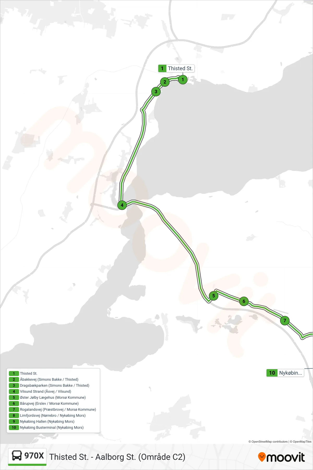 970X bus Linje (Nykøbing Mors) rute og stop på et kort