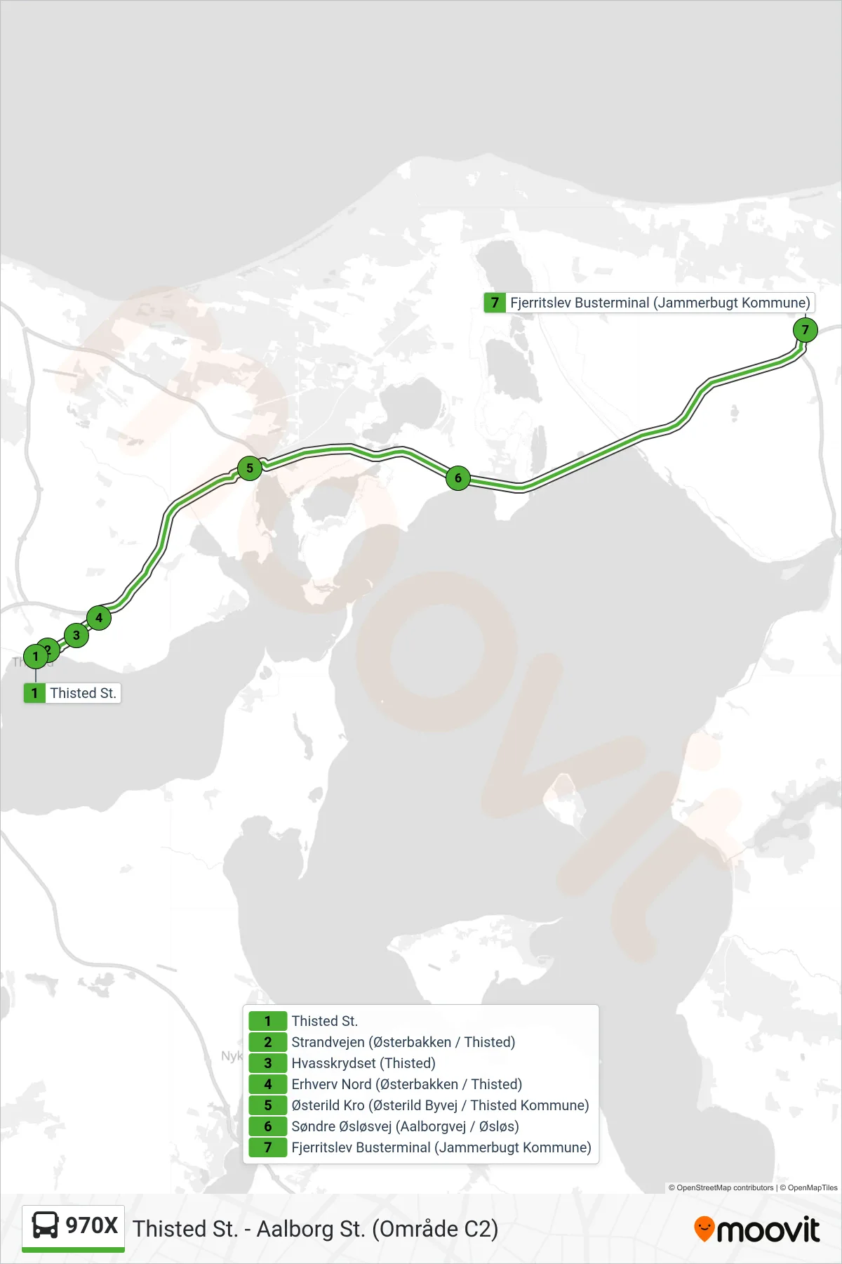 970X bus Linje (Fjerritslev) rute og stop på et kort