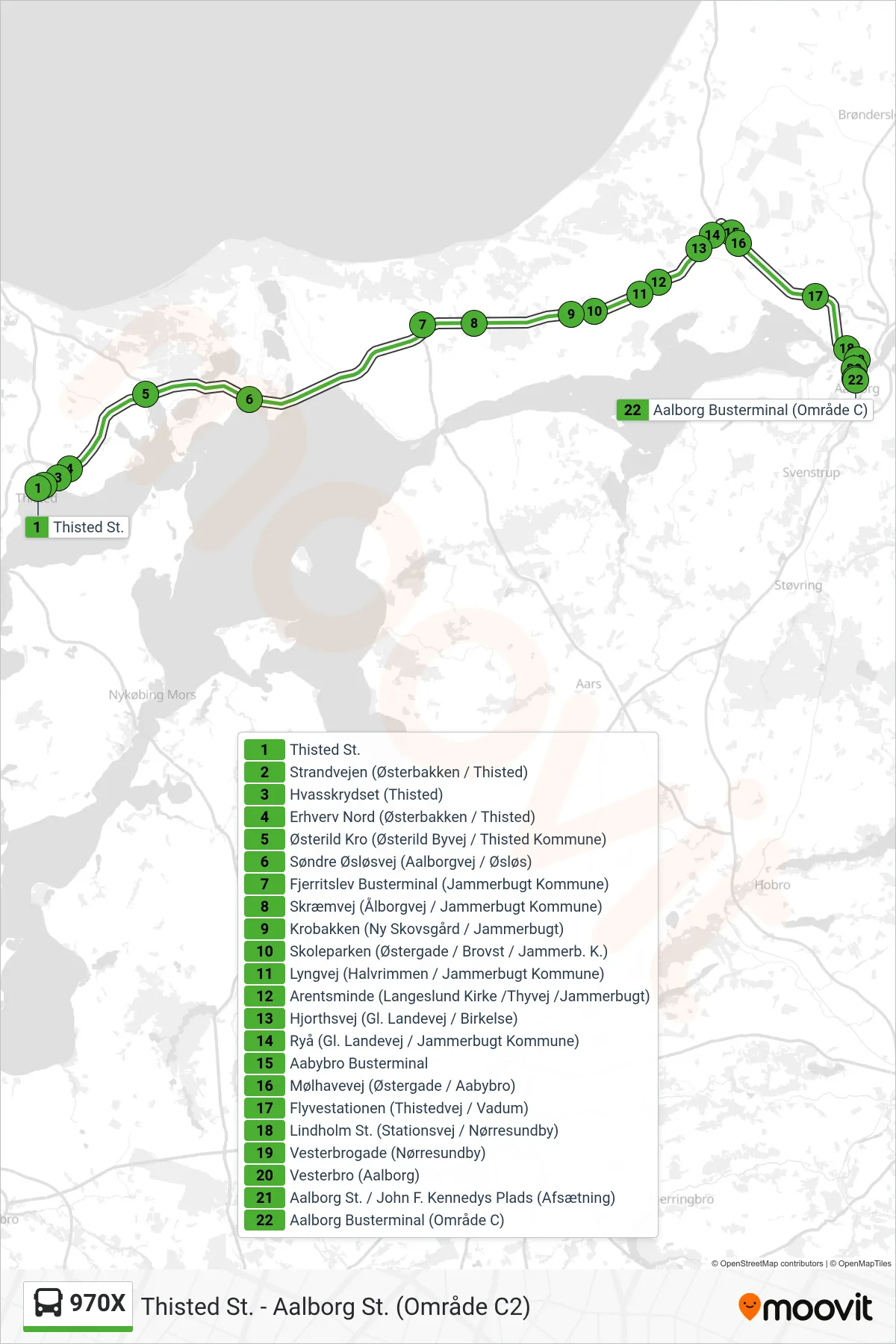 970X bus Linje (Aalborg St.) rute og stop på et kort
