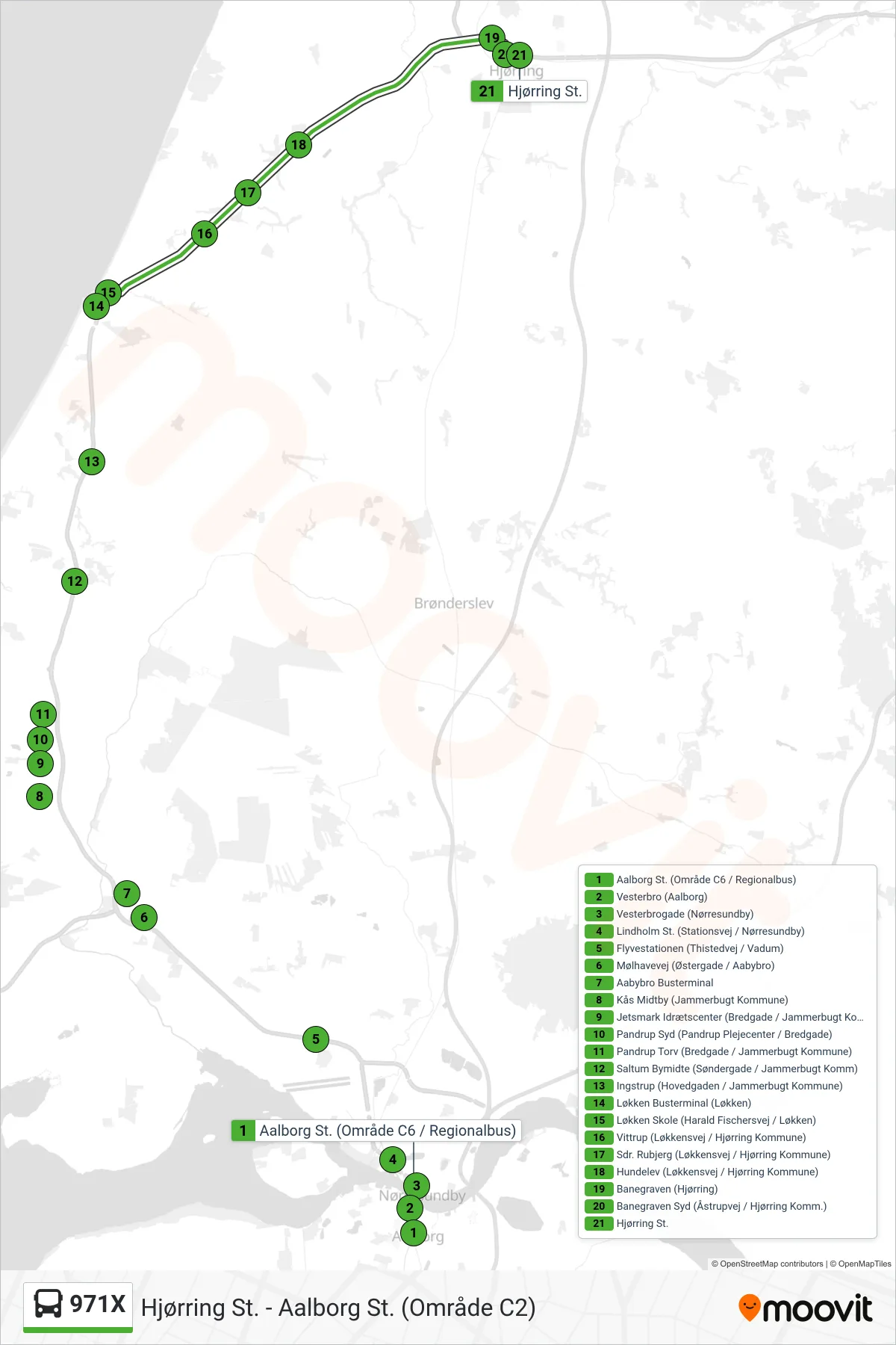 971X bus Linje (Hjørring St.) rute og stop på et kort