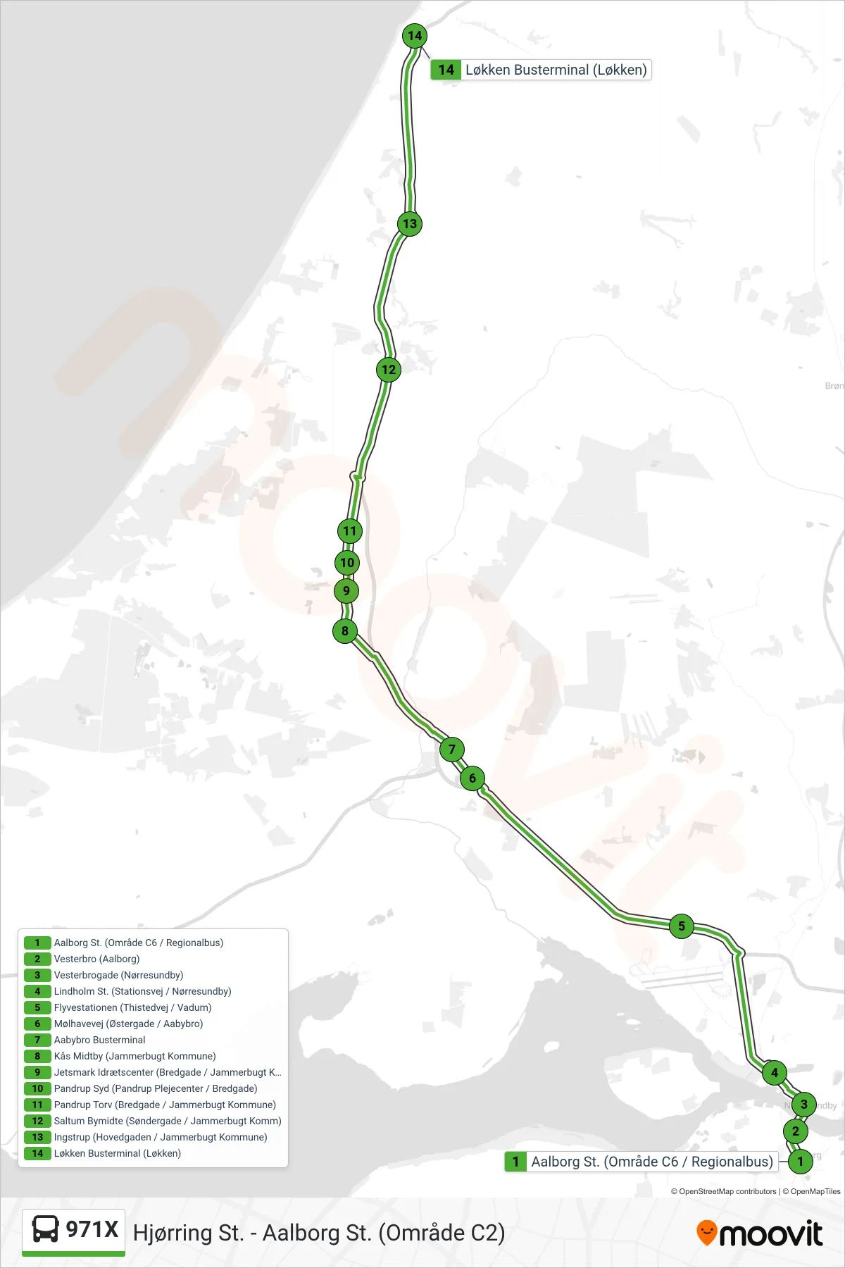 971X bus Linje (Løkken) rute og stop på et kort