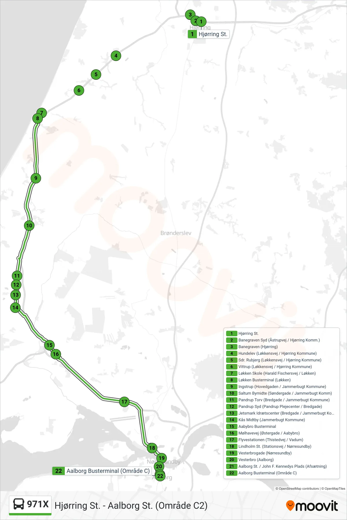 971X bus Line (Aalborg St.) route and stops on a map