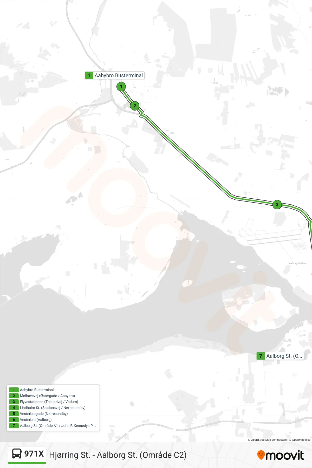 971X bus Linje (Aalborg St. - Turøgade - Aau) rute og stop på et kort
