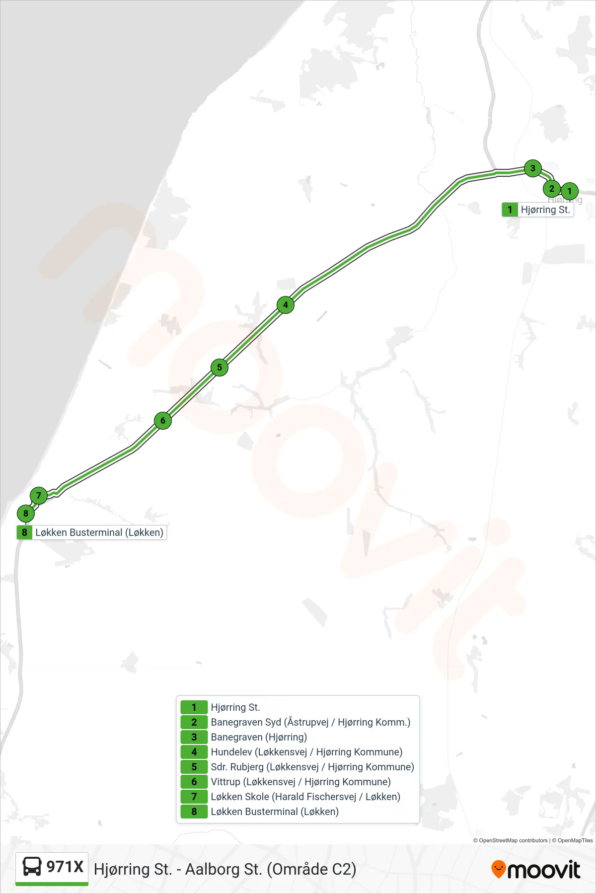 971X bus Linje (Løkken) rute og stop på et kort