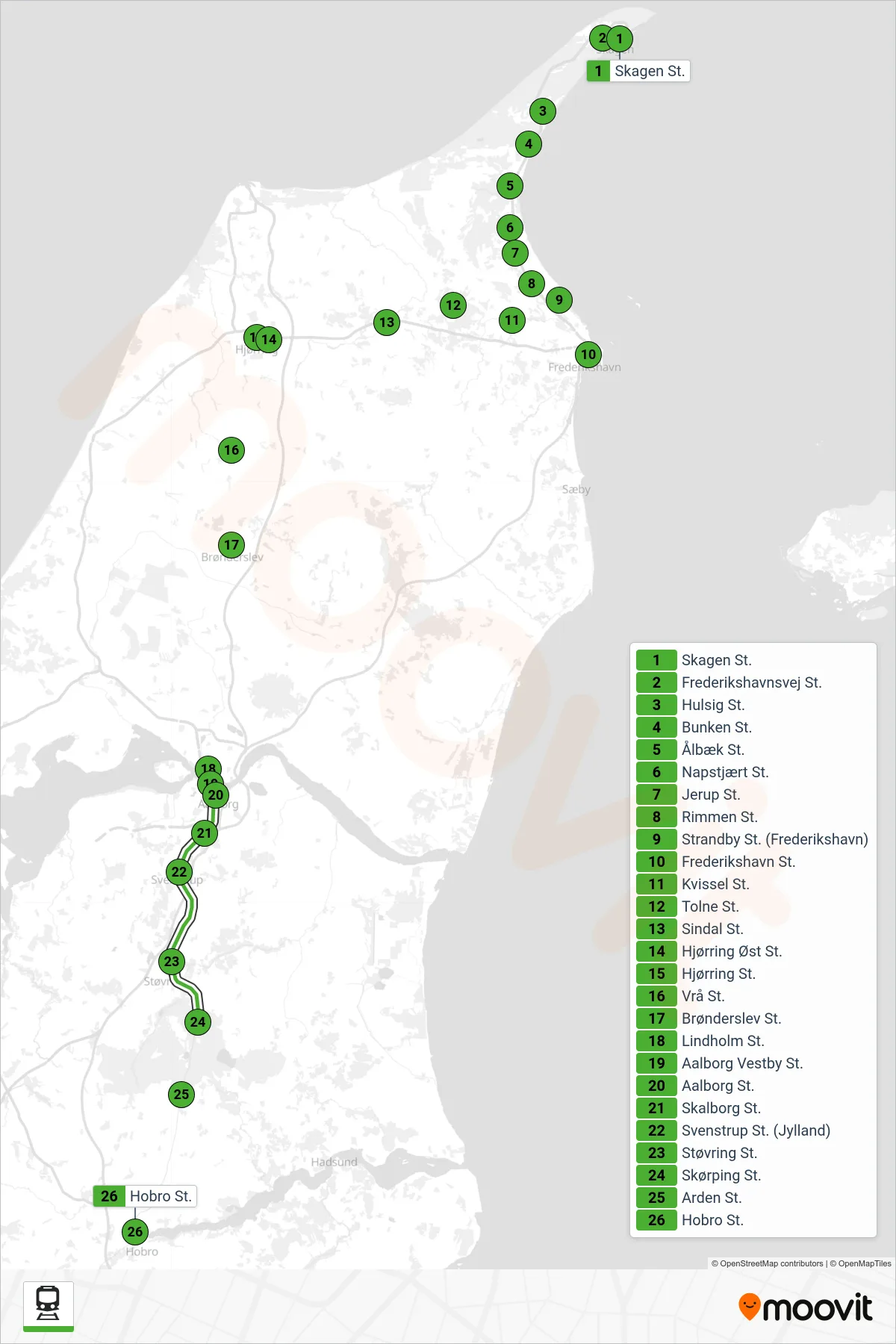 75 jernbane Linje (Mod syd) rute og stop på et kort