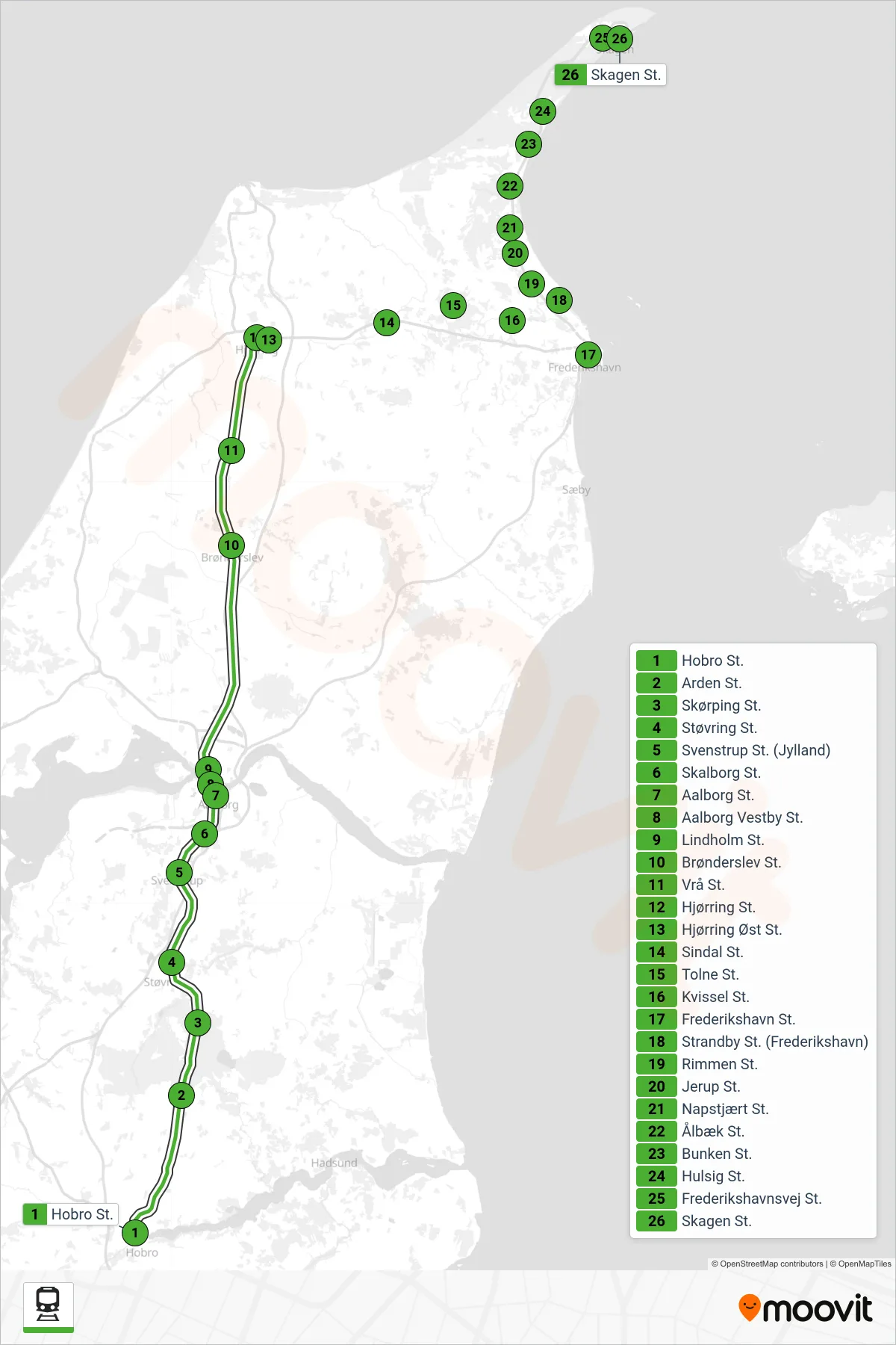 75 jernbane Linje (Mod nord) rute og stop på et kort