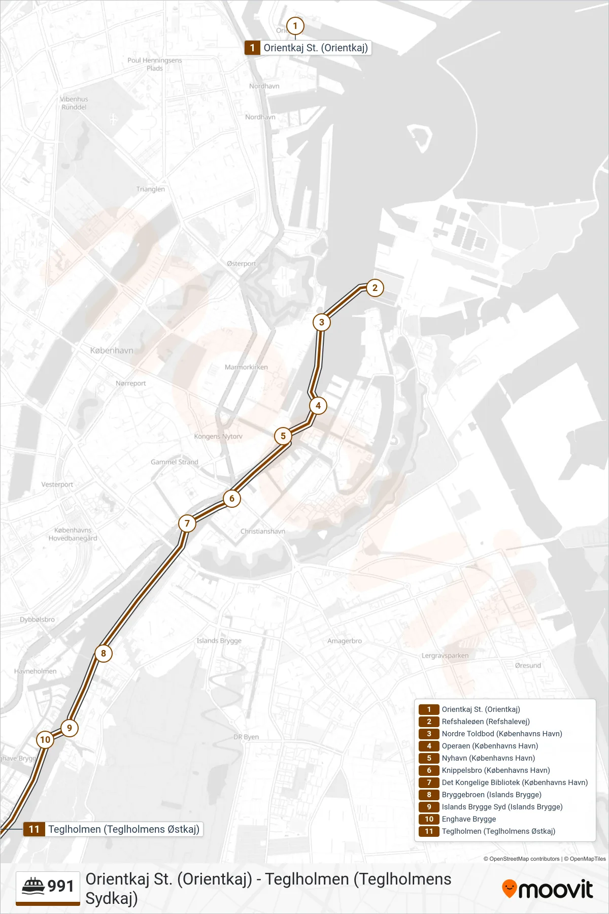991 færge Linje (Teglholmen) rute og stop på et kort