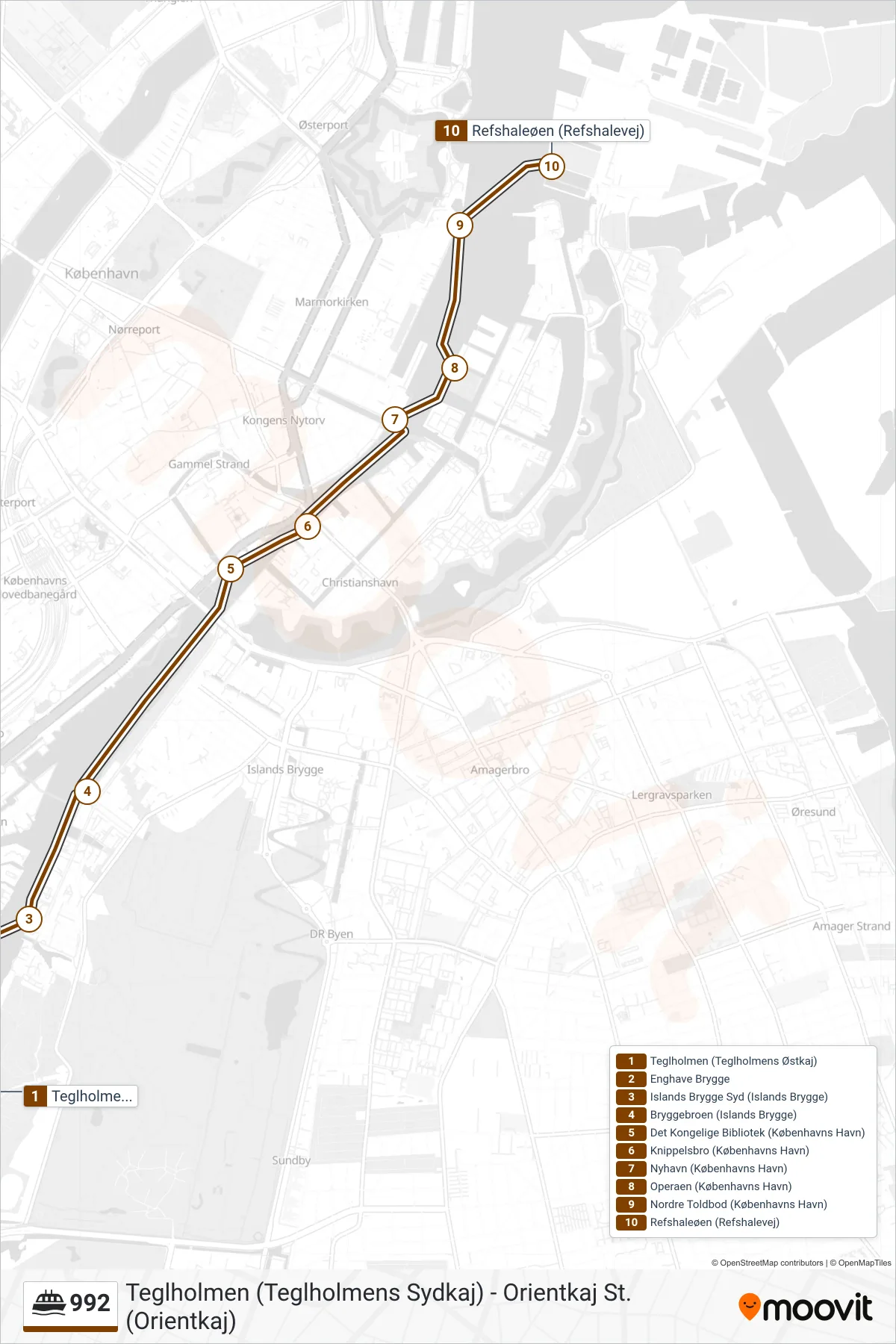 992 ferry Line (Refshaleøen) route and stops on a map