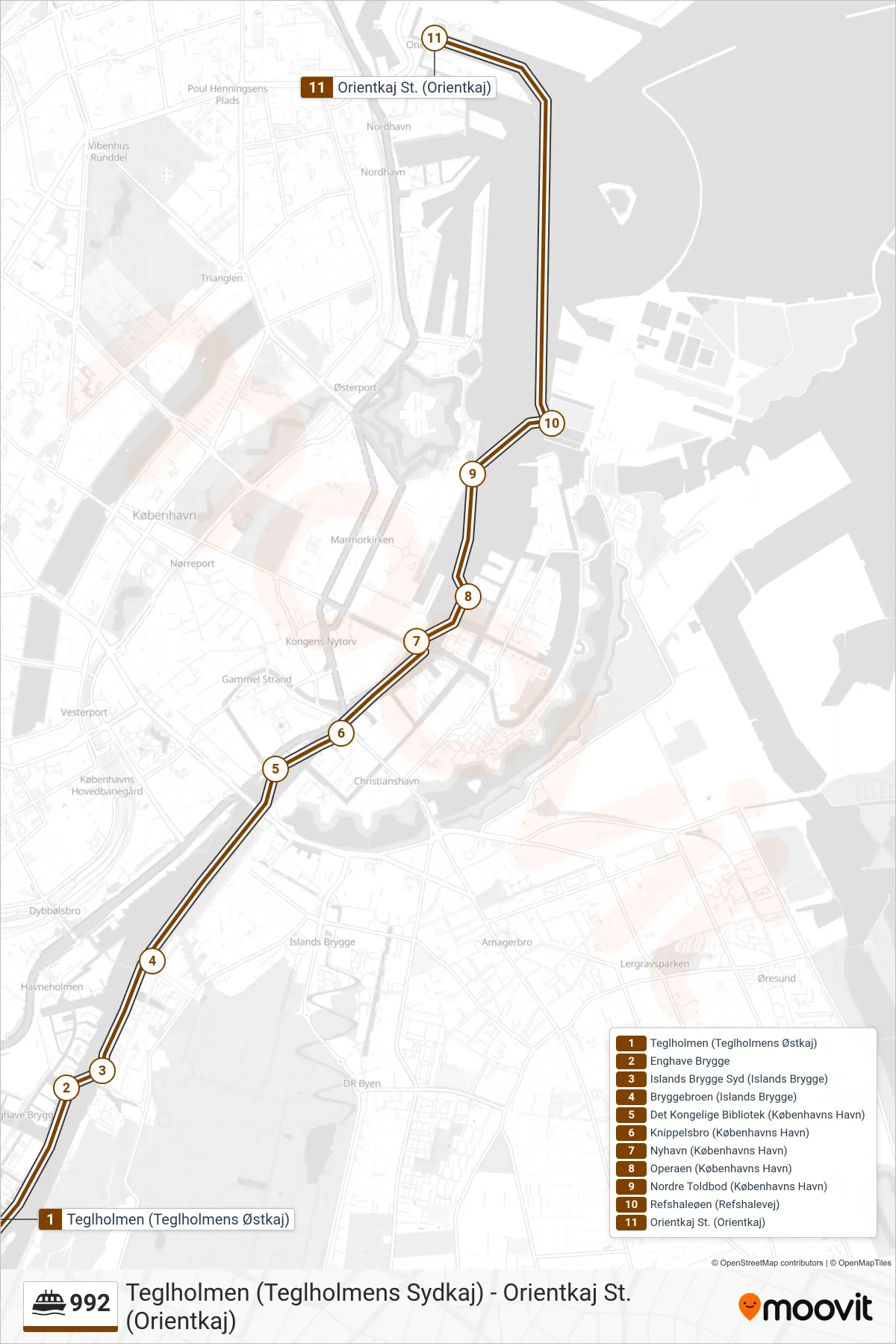 992 færge Linje (Orientkaj St.) rute og stop på et kort