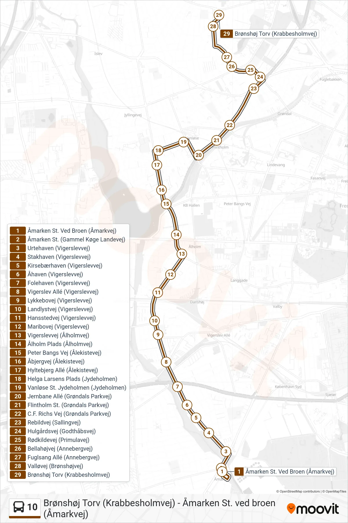 10 bus Linje (Brønshøj Torv) rute og stop på et kort
