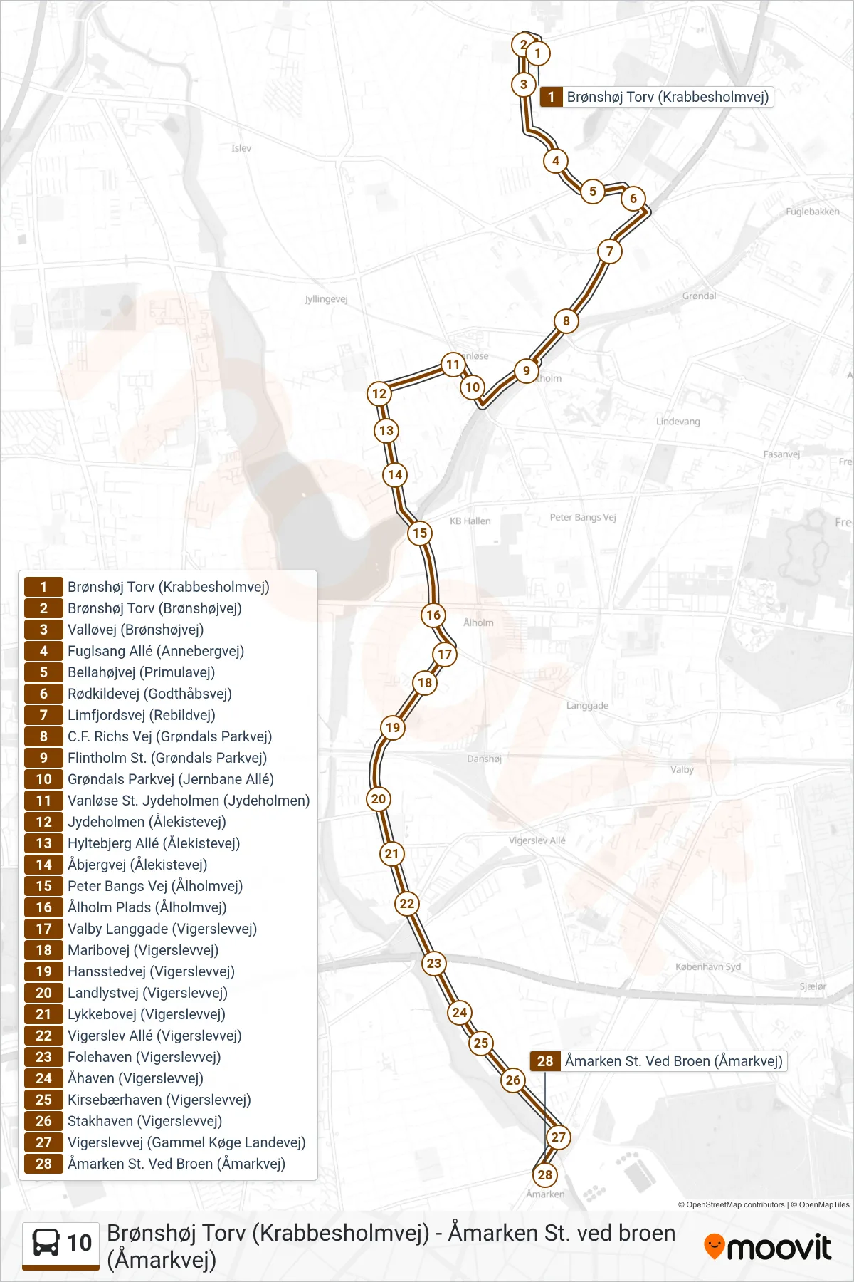 10 bus Linje (Åmarken St.) rute og stop på et kort