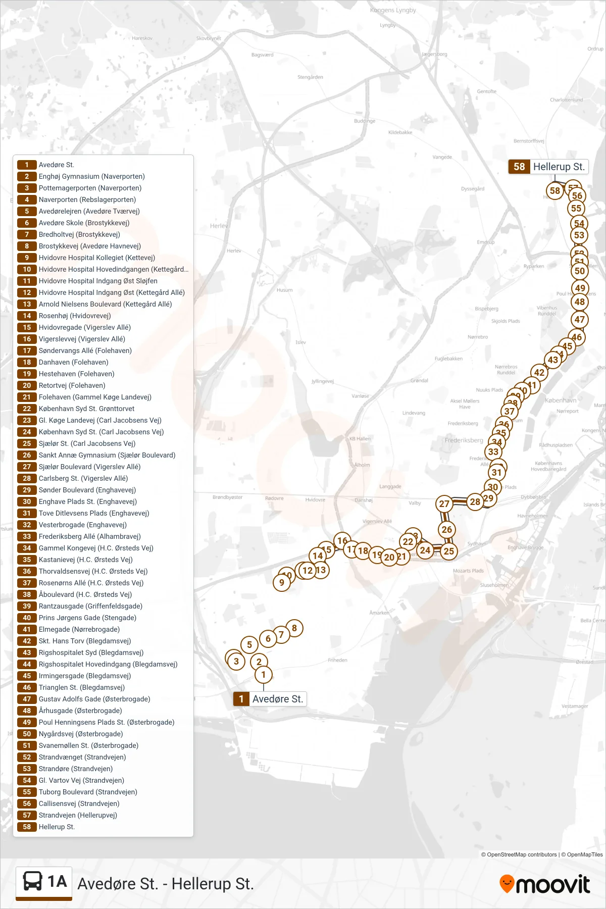 1A bus Line (Hellerup St.) route and stops on a map