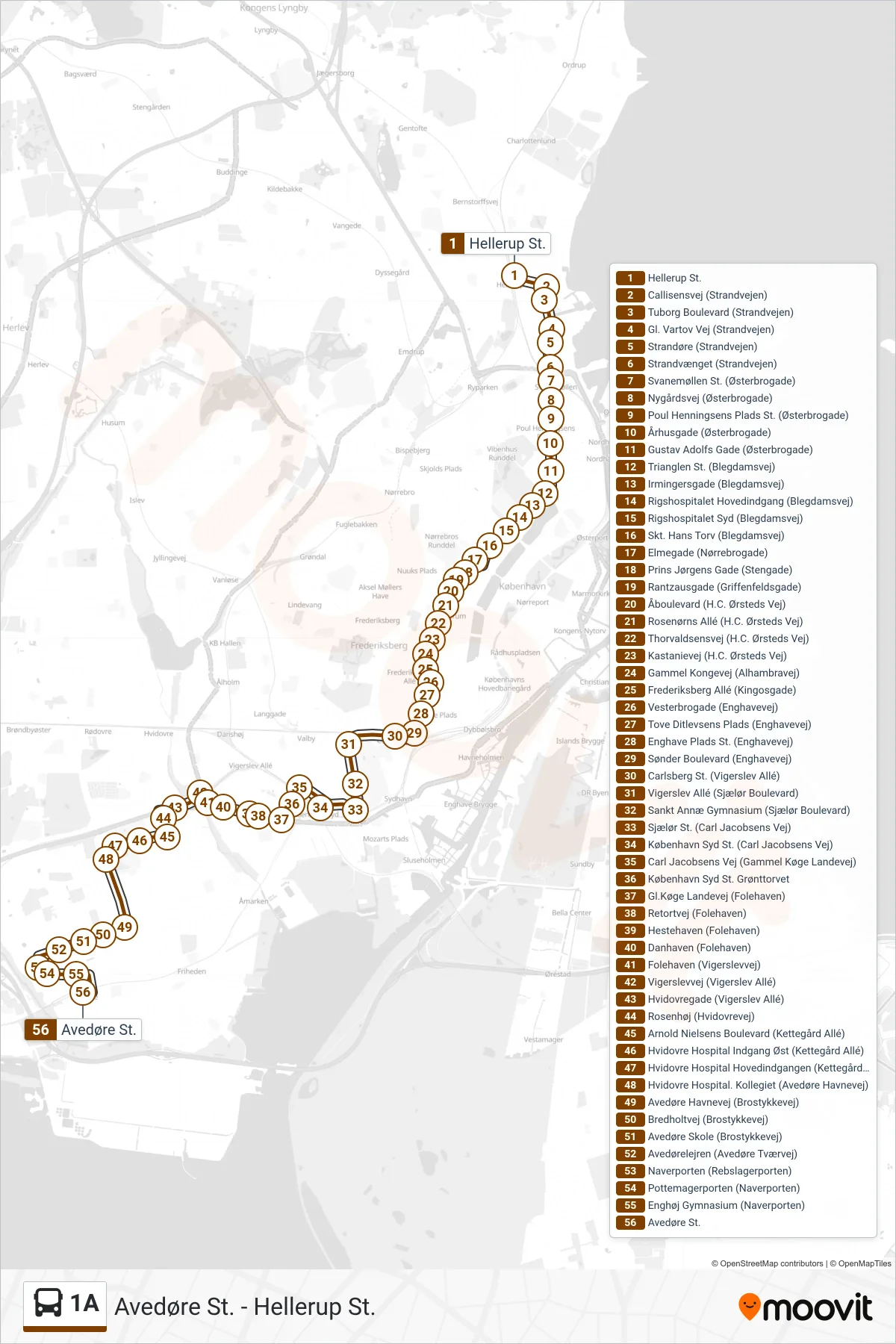 1A bus Linje (Avedøre St.) rute og stop på et kort