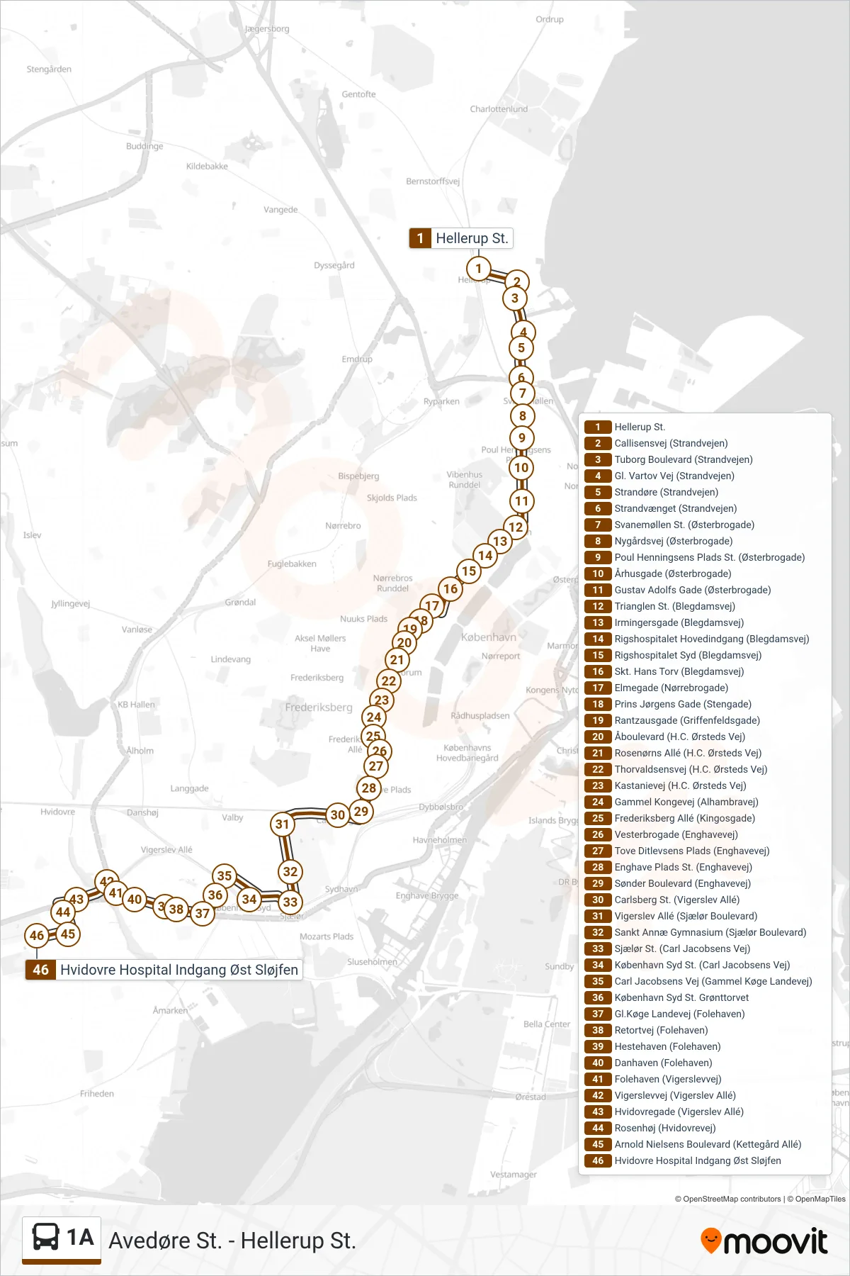 1A bus Line (Hvidovre Hospital) route and stops on a map