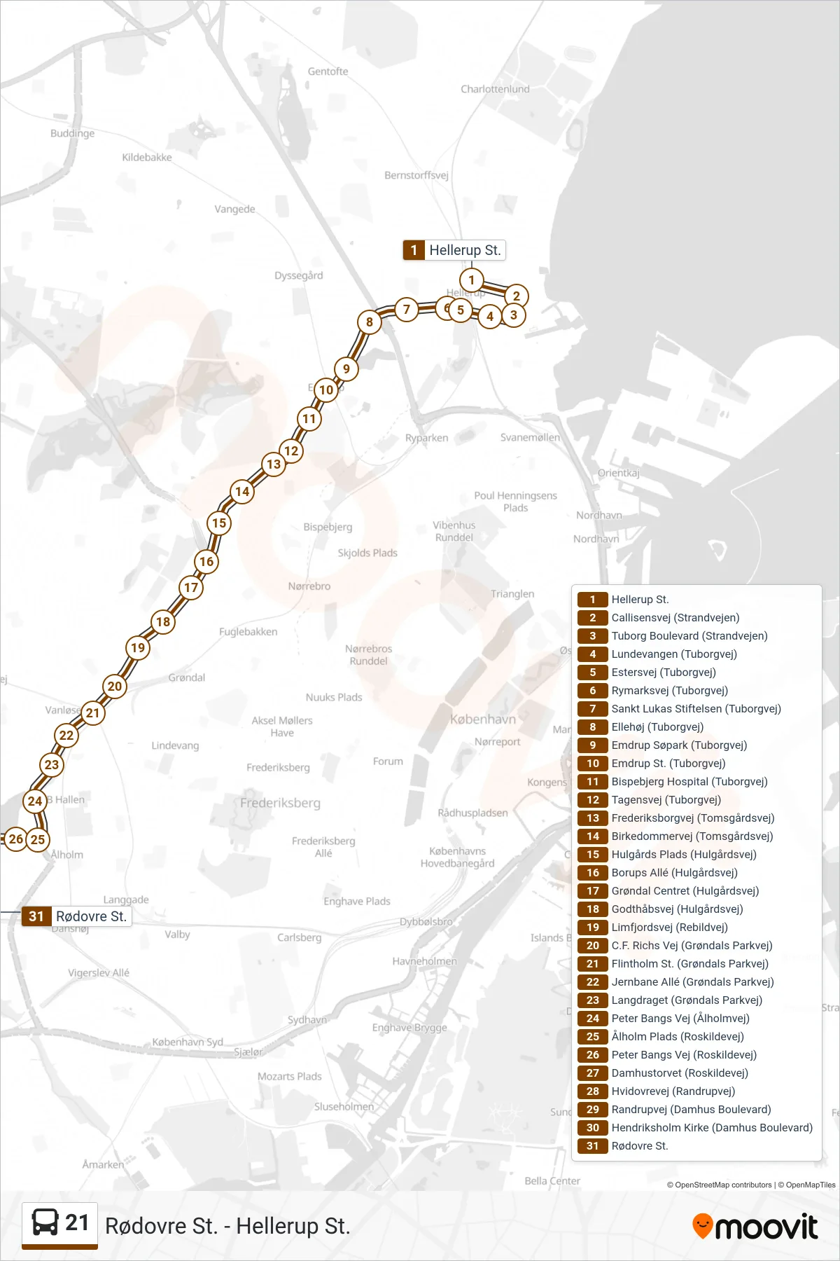 21 bus Linje (Rødovre St.) rute og stop på et kort