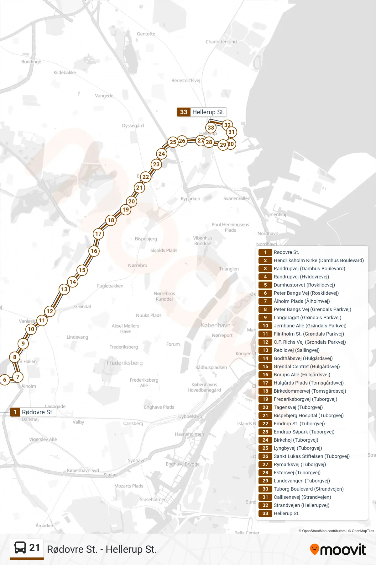 21 bus Linje (Hellerup St.) rute og stop på et kort