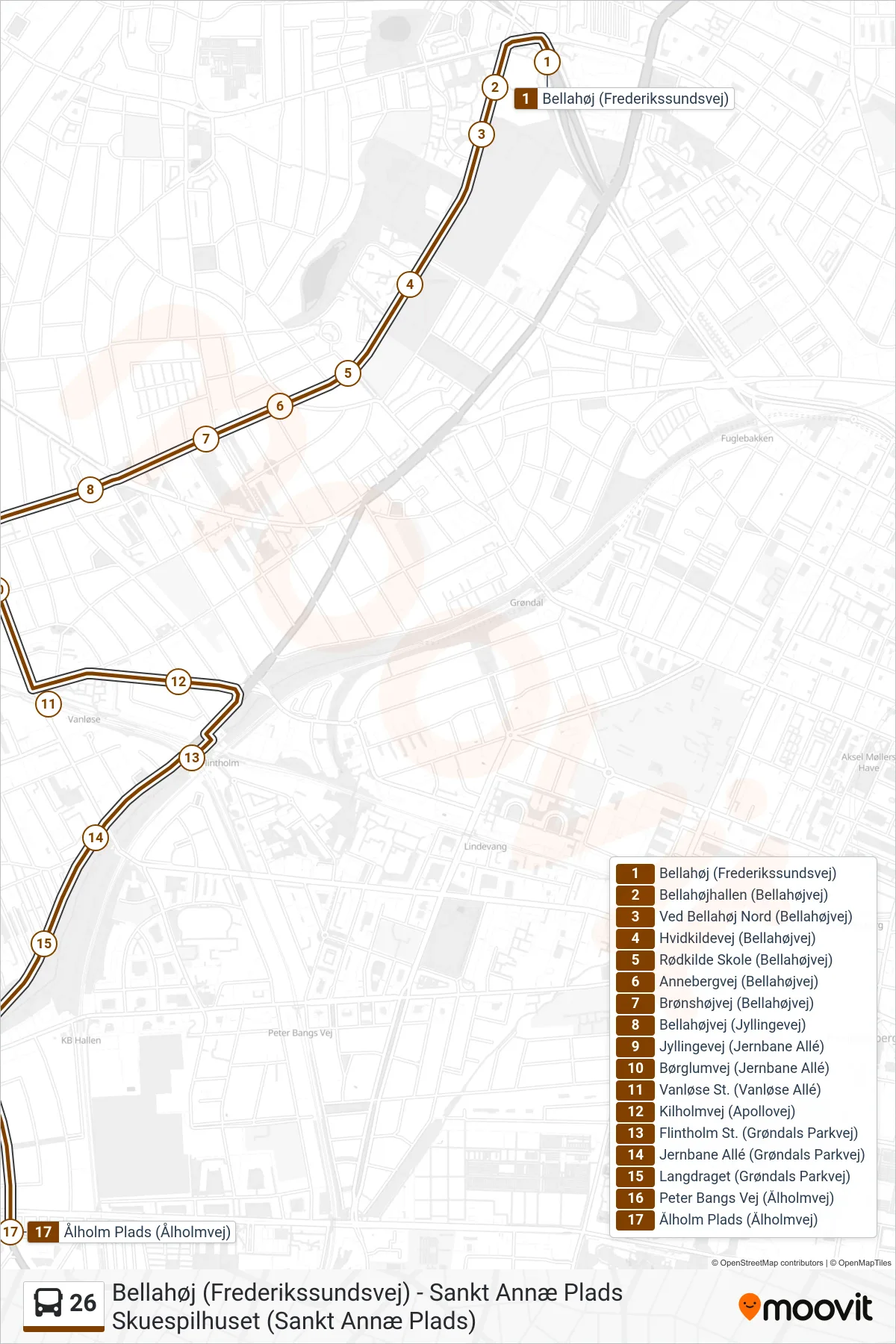 26 bus Linje (Valby Ålholm Plads) rute og stop på et kort