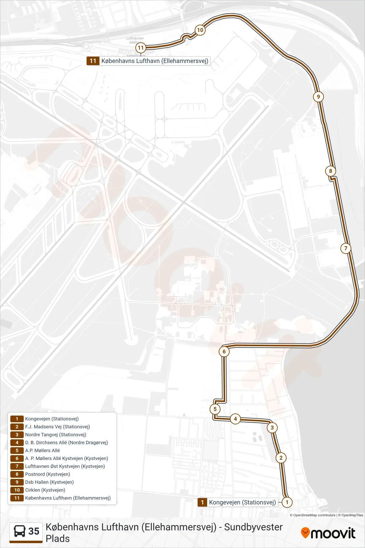 35 bus Linje (Københavns Lufthavn) rute og stop på et kort