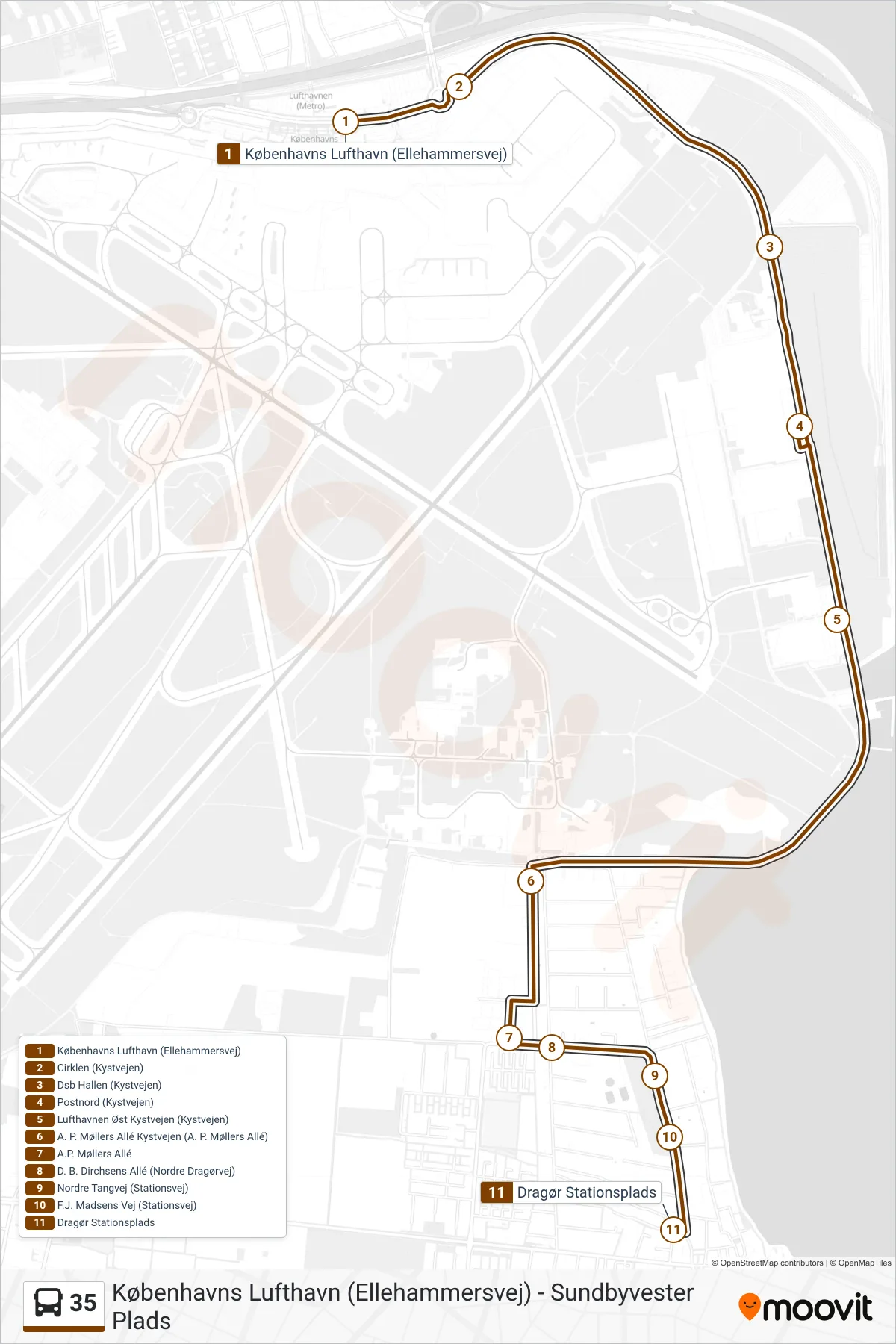 35 bus Linje (Dragør Stationsplads) rute og stop på et kort