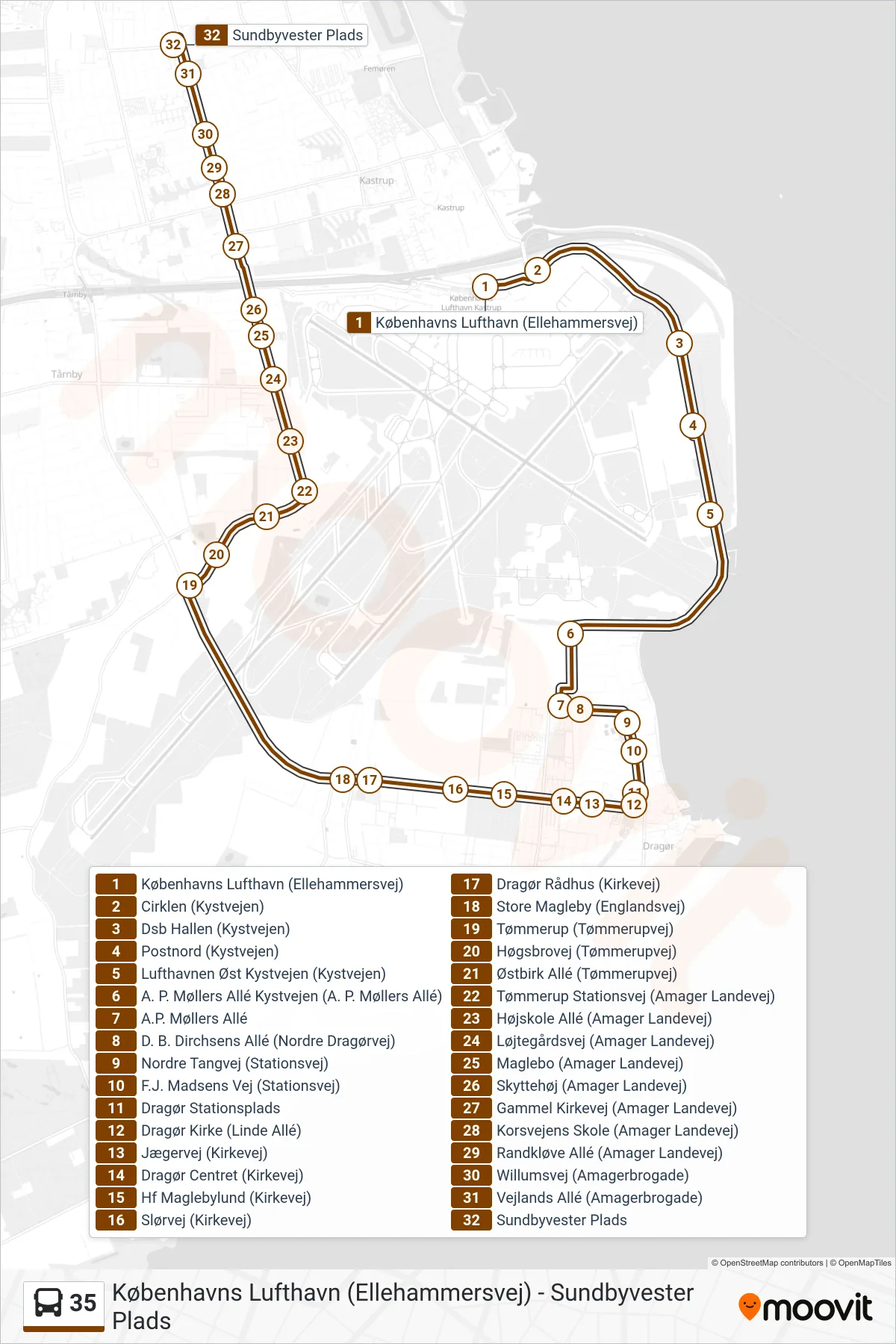 35 bus Linje (Sundbyvester Plads) rute og stop på et kort