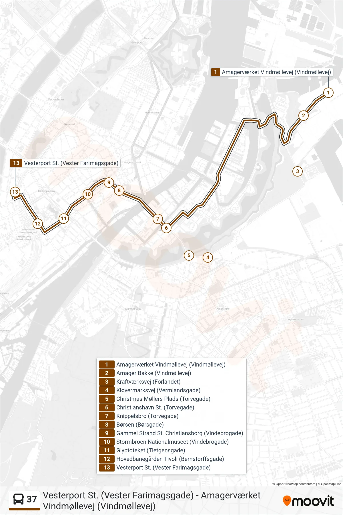 37 bus Linje (Vesterport St. Via Kløvermarksvej) rute og stop på et kort