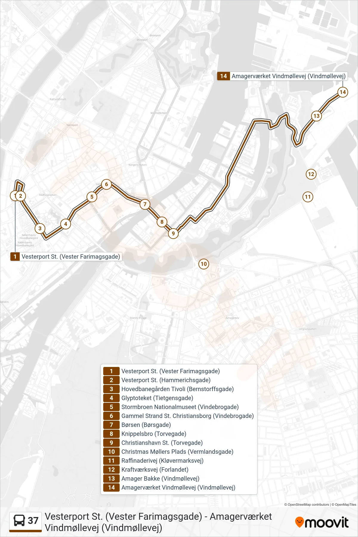 37 bus Line (Amagerværket Via Kløvermarksvej) route and stops on a map