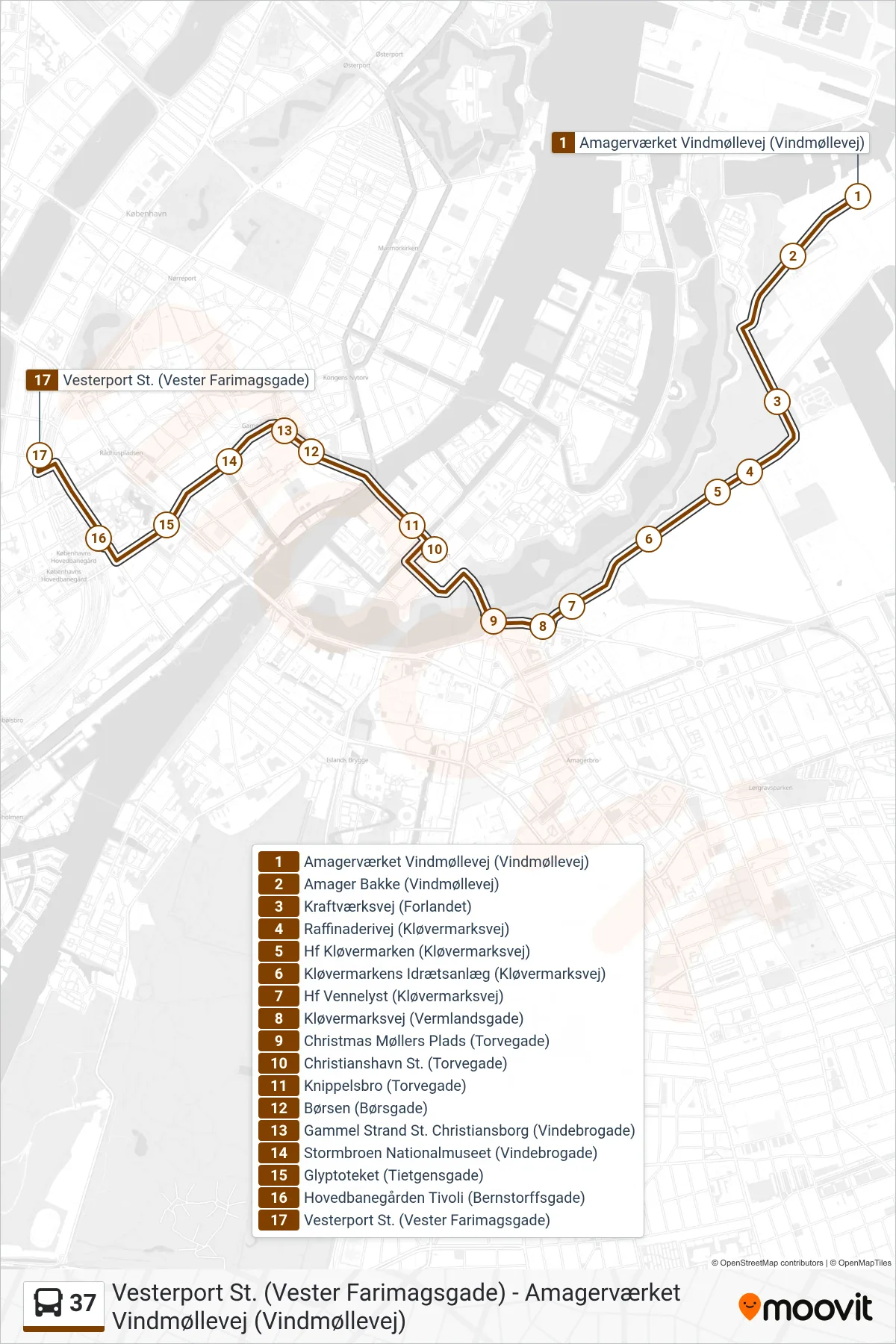 37 bus Linje (Vesterport St. (Vester Farimagsgade)) rute og stop på et kort