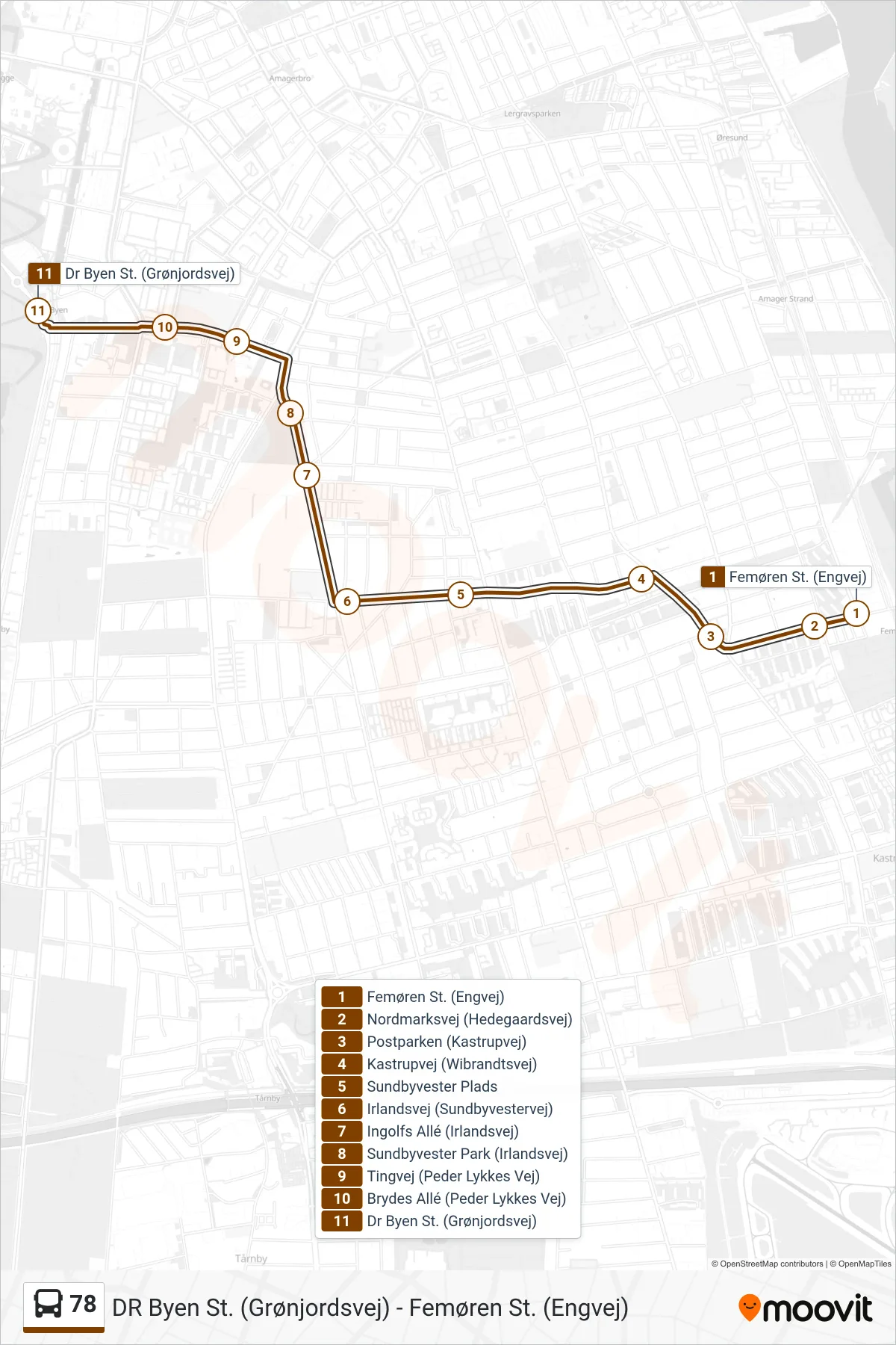 78 bus Linje (Dr Byen St.) rute og stop på et kort