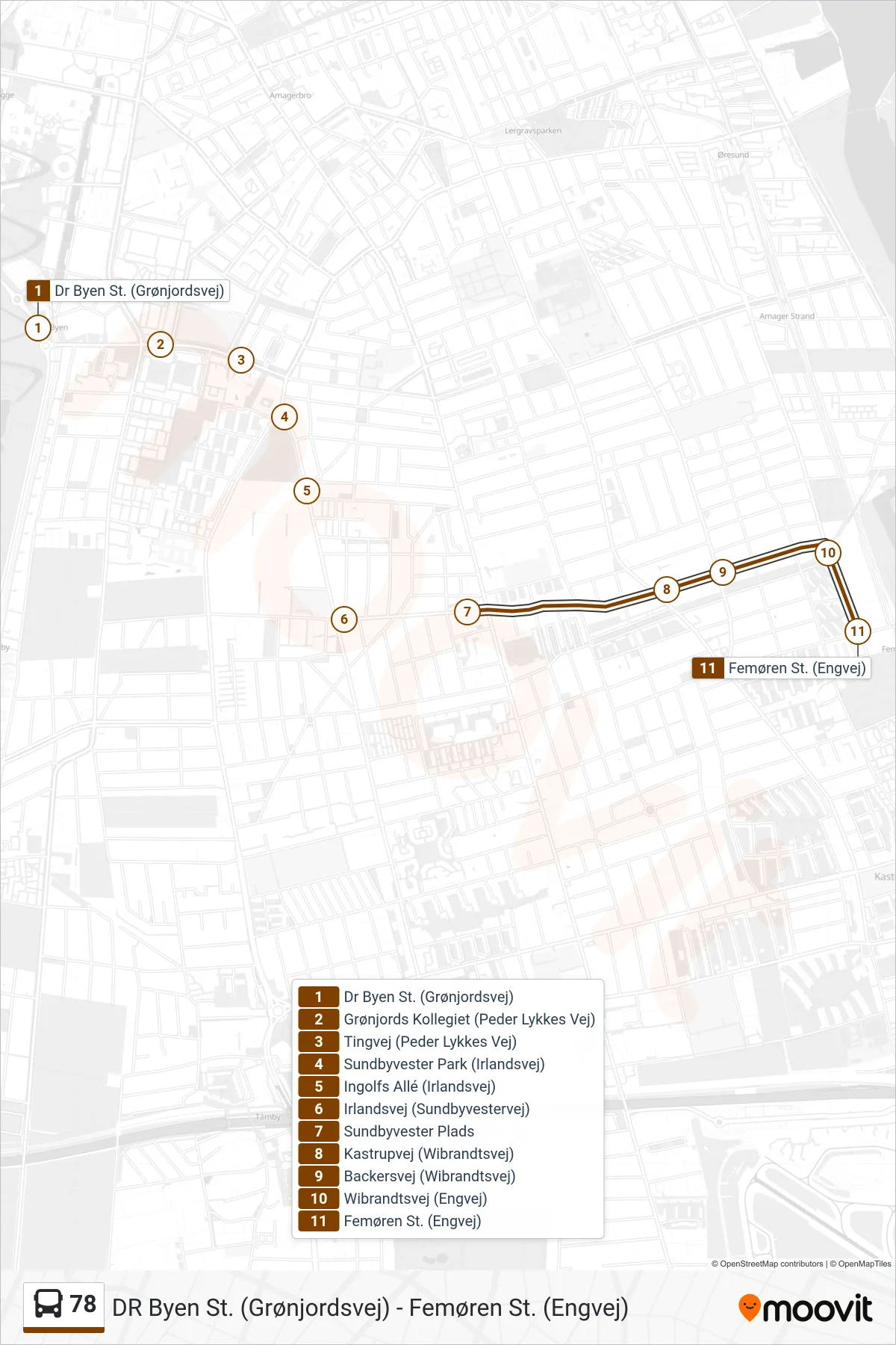 78 bus Line (Femøren St.) route and stops on a map