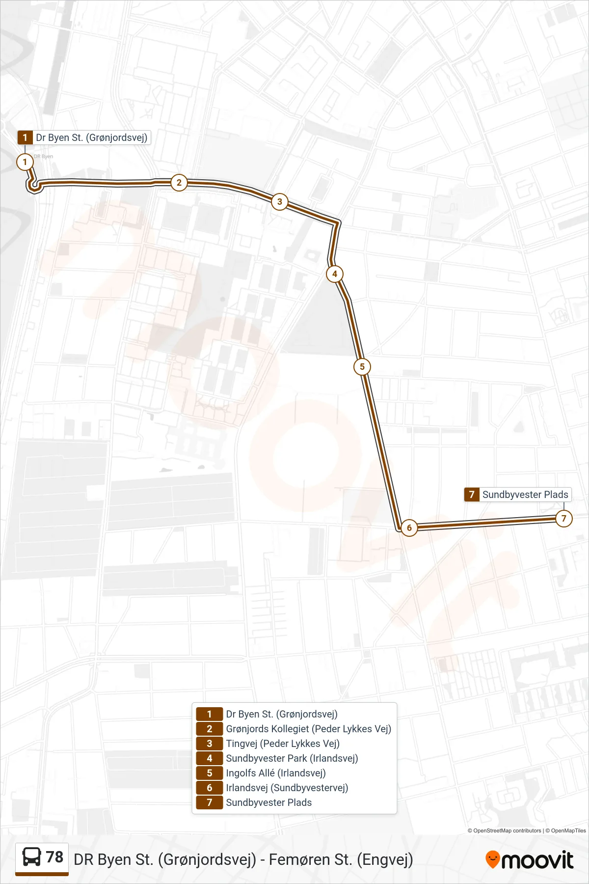 78 bus Linje (Sundbyvester Plads) rute og stop på et kort