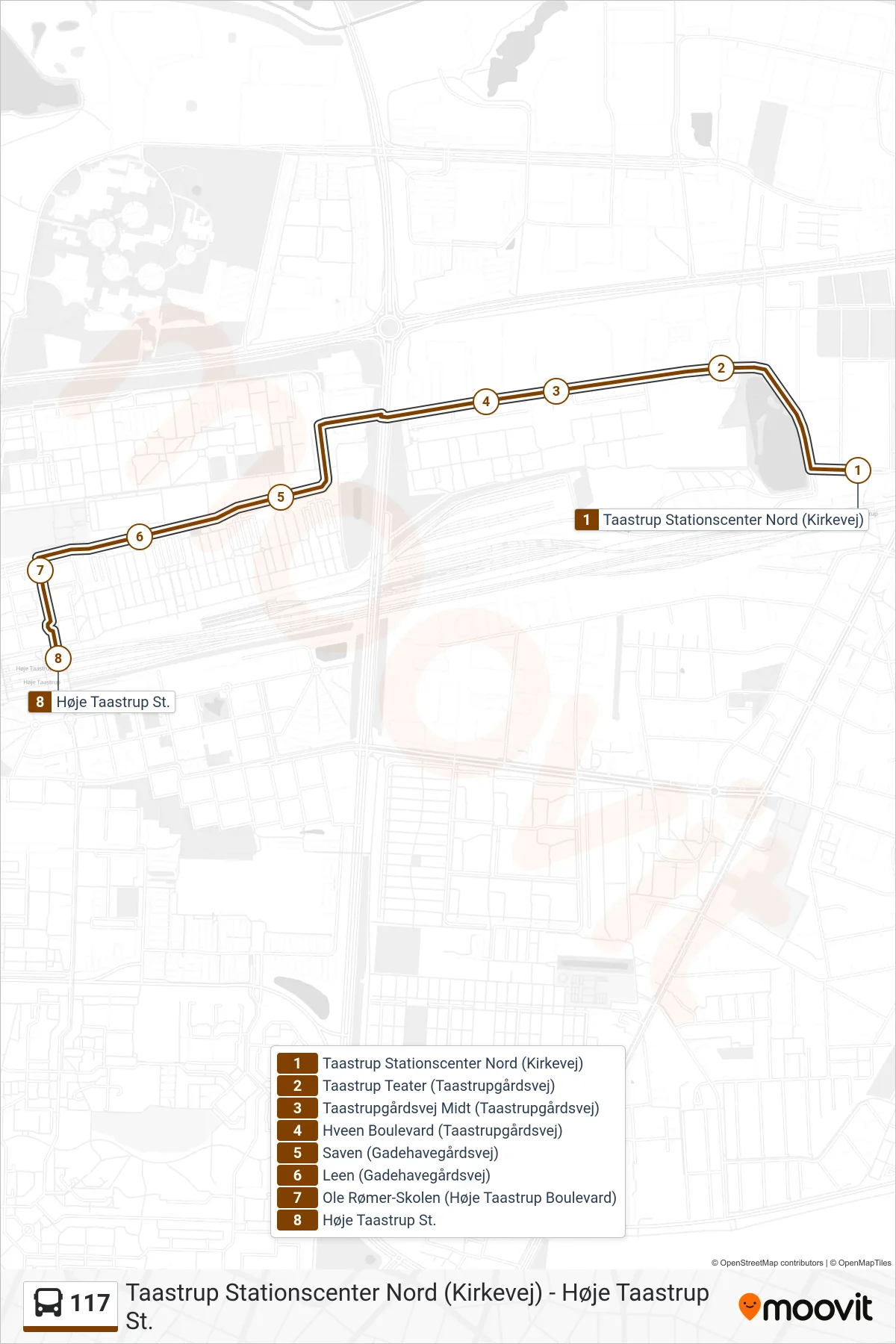 117 bus Line (Høje Taastrup St.) route and stops on a map