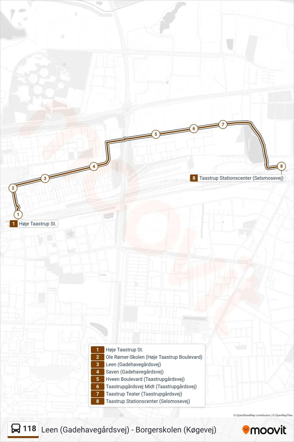 118 bus Linje (Taastrup Stationscenter) rute og stop på et kort