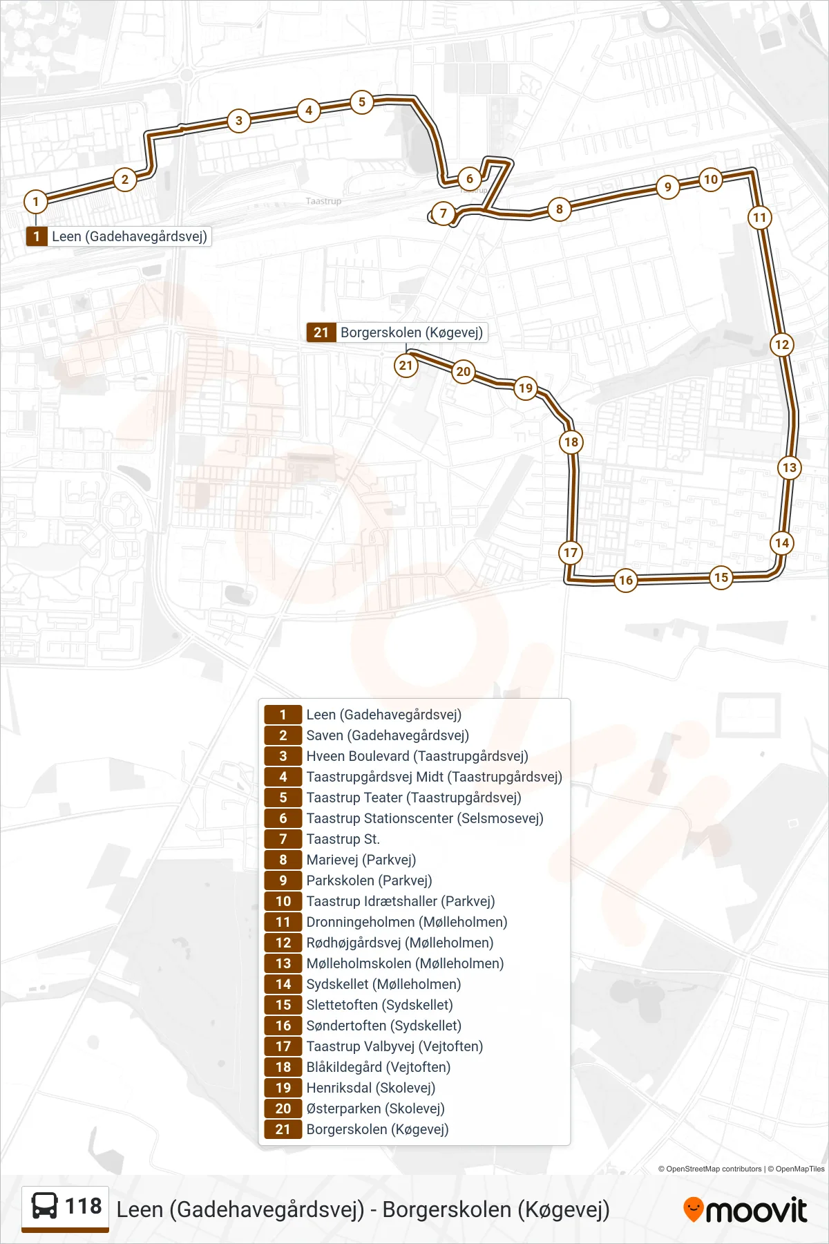 118 bus Linje (Borgerskolen Borgerskolen) rute og stop på et kort