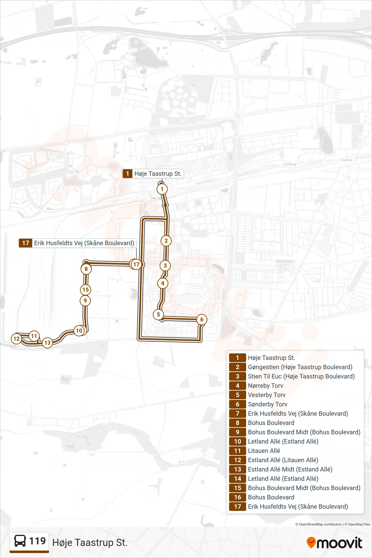 119 bus Linje (Høje Taastrup St.) rute og stop på et kort