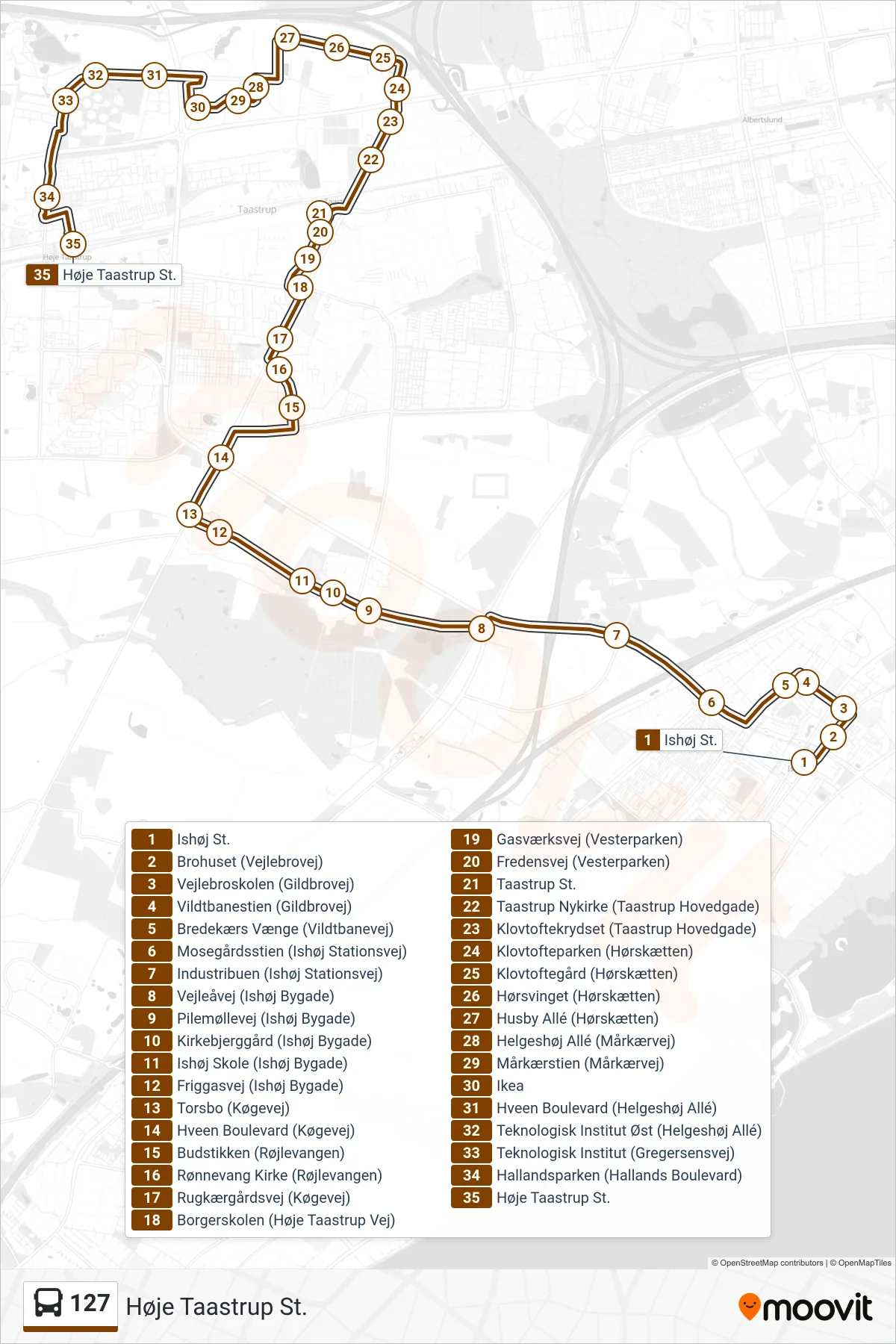 127 bus Linje (Høje Taastrup St.) rute og stop på et kort