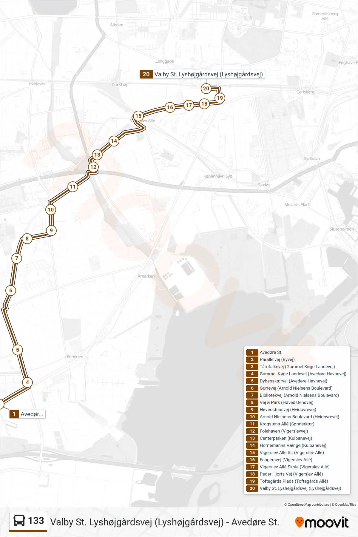 133 bus Linje (Valby St.) rute og stop på et kort