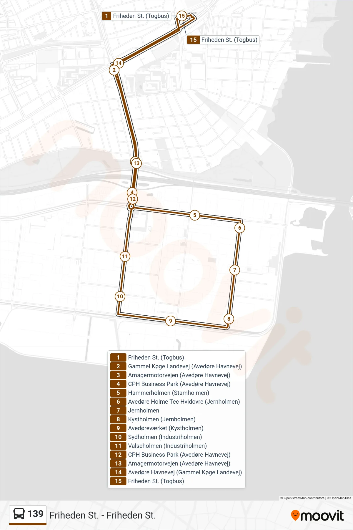 139 bus Linje (Friheden St. Via Avedøre Holme) rute og stop på et kort