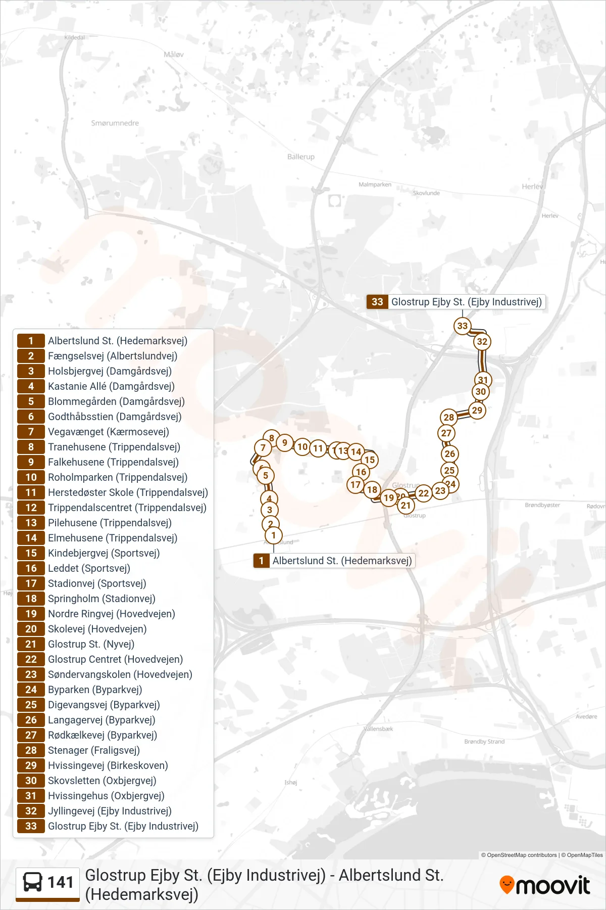 141 bus Linje (Glostrup Ejby St.) rute og stop på et kort