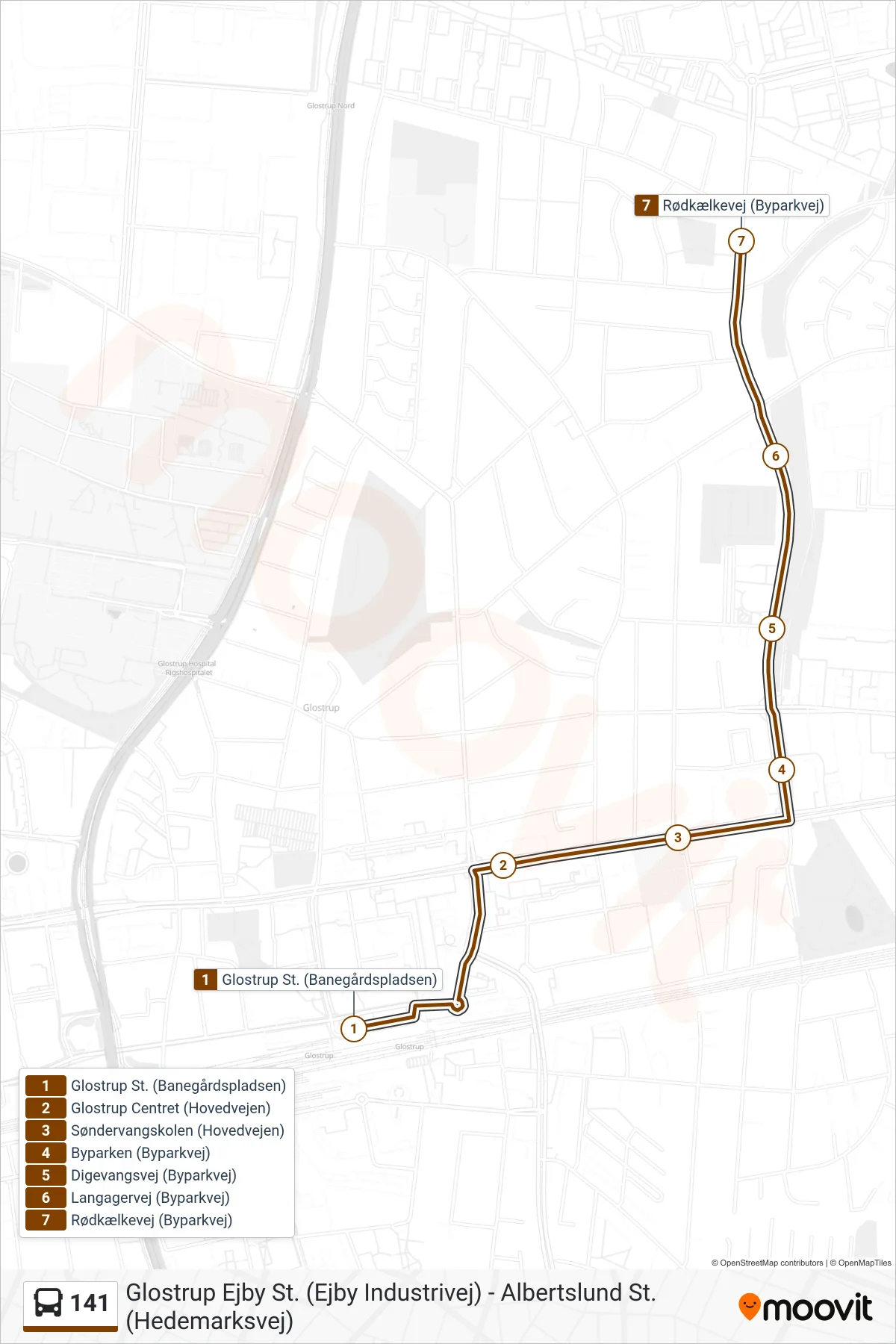 141 bus Line (Rødkælkevej) route and stops on a map