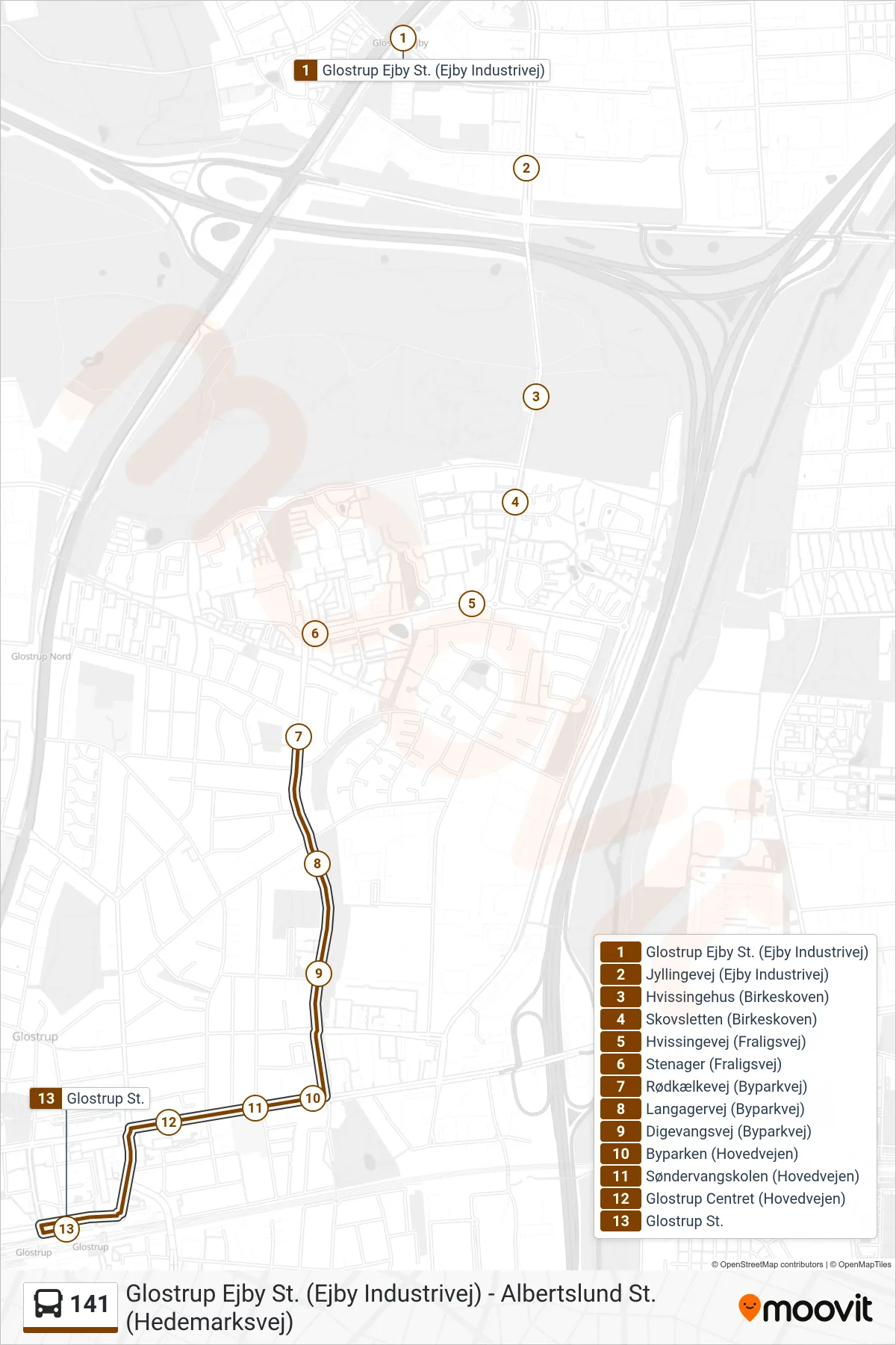 141 bus Linje (Glostrup St.) rute og stop på et kort