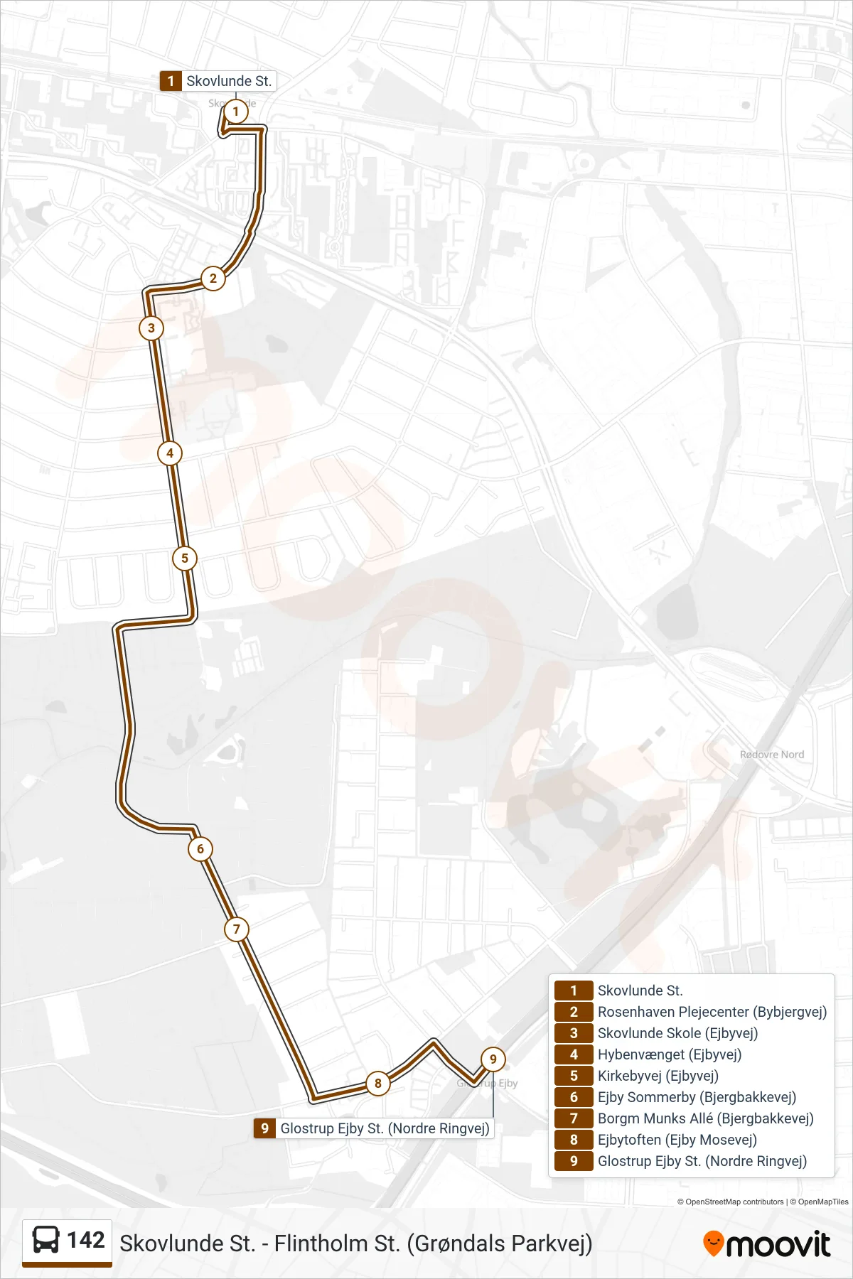142 bus Linje (Glostrup Ejby St.) rute og stop på et kort