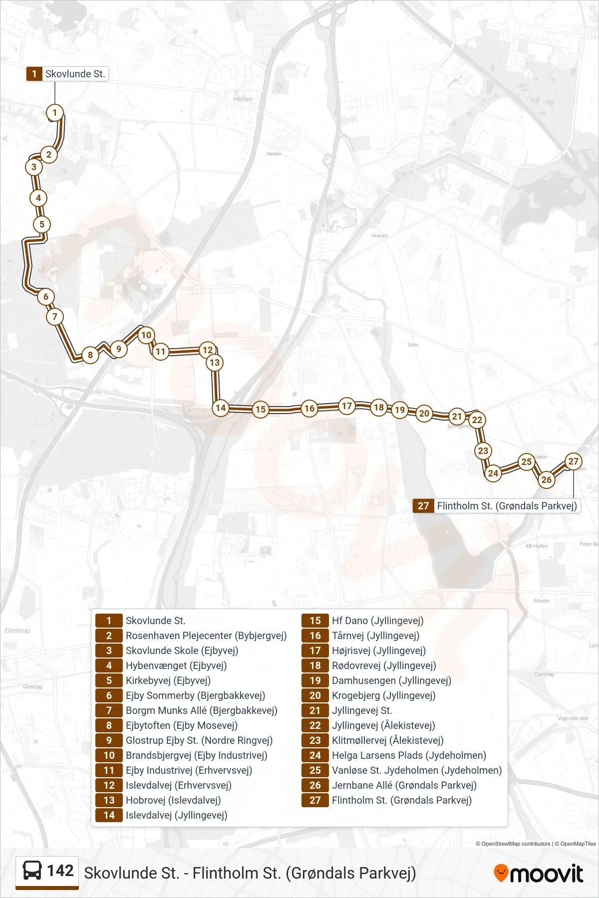 142 bus Linje (Flintholm St.) rute og stop på et kort