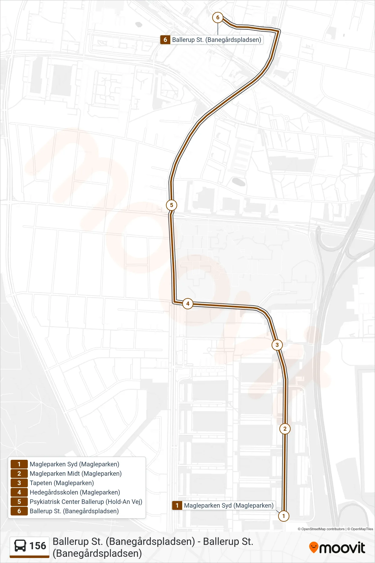 156 bus Linje (Ballerup St.) rute og stop på et kort