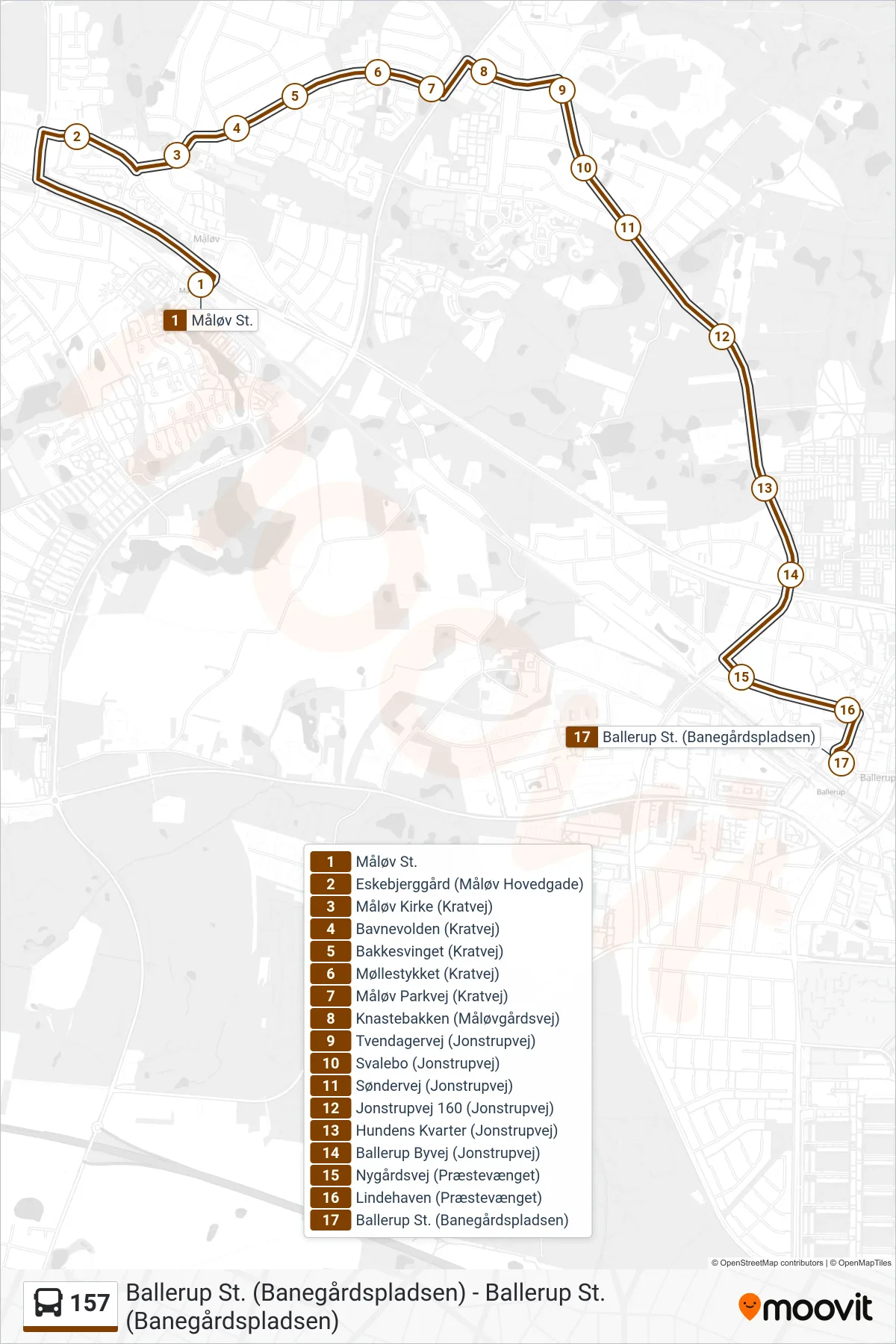 157 bus Linje (Ballerup St.) rute og stop på et kort