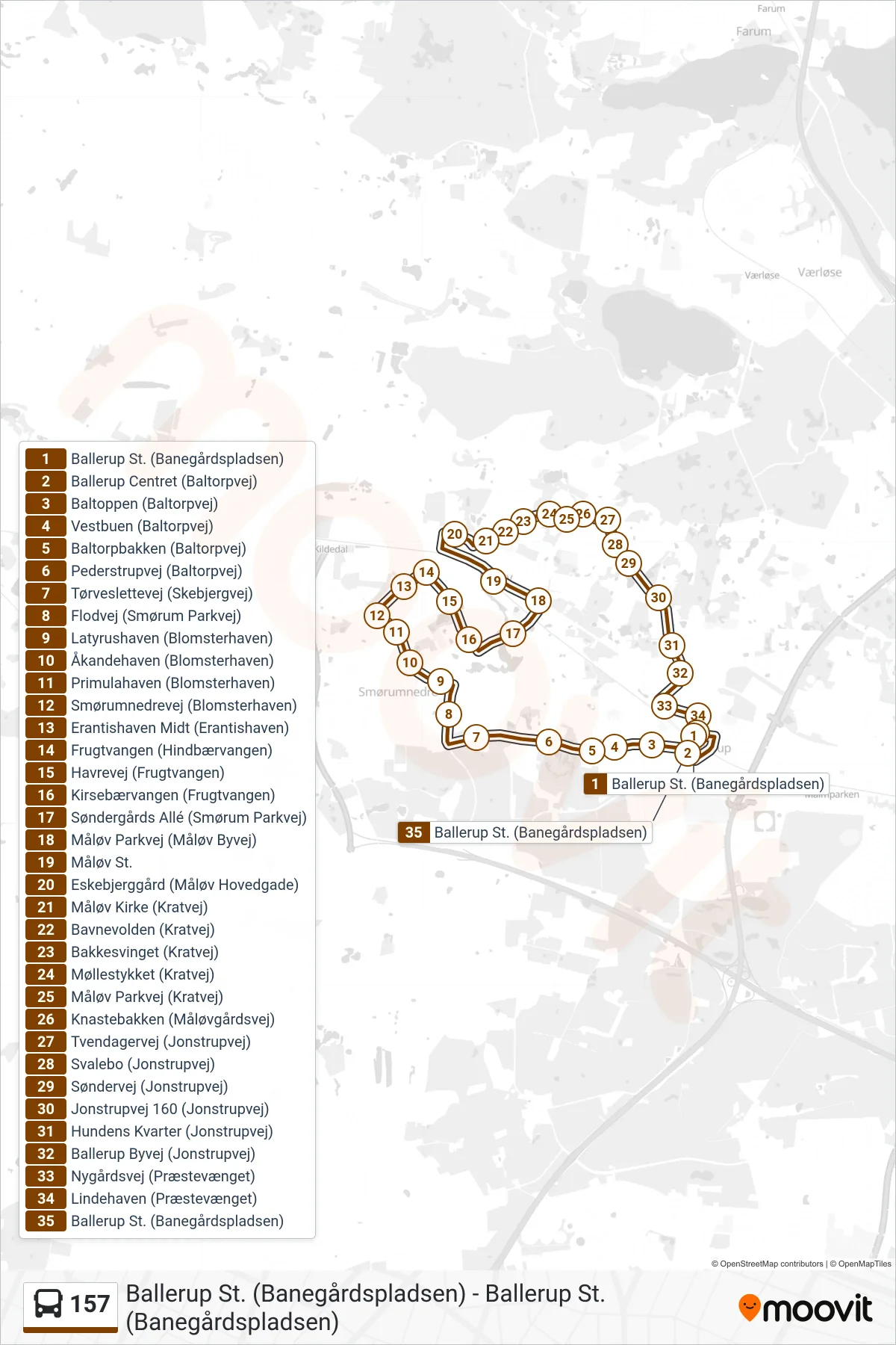 157 bus Line (Ballerup St. Via Smørumnedre Måløv St.) route and stops on a map