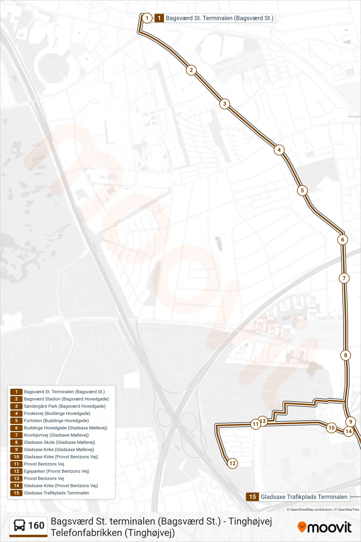 160 bus Line (Gladsaxe Trafikplads) route and stops on a map