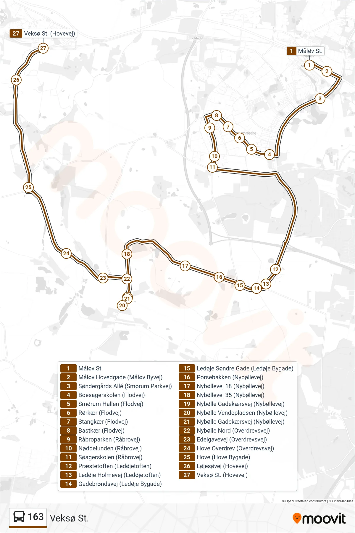 163 bus Linje (Veksø St.) rute og stop på et kort