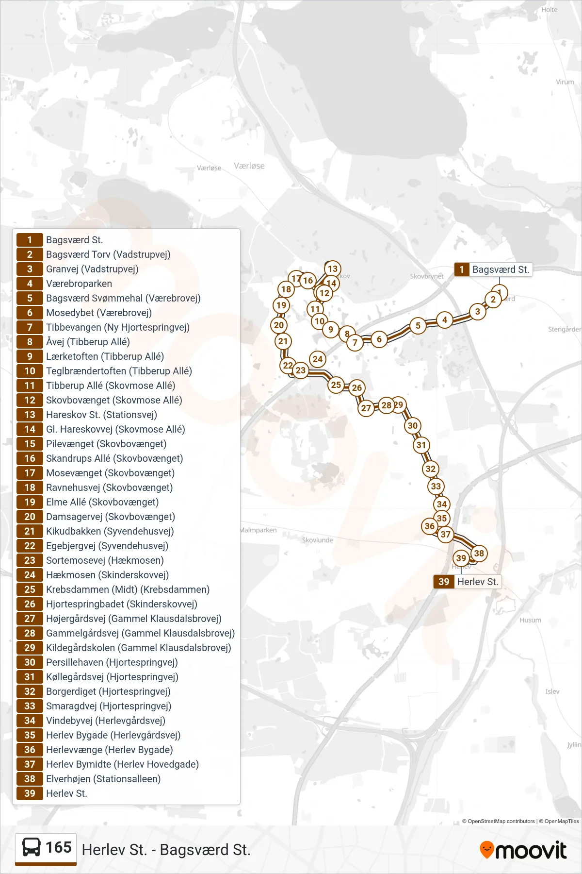 165 bus Linje (Herlev St.) rute og stop på et kort